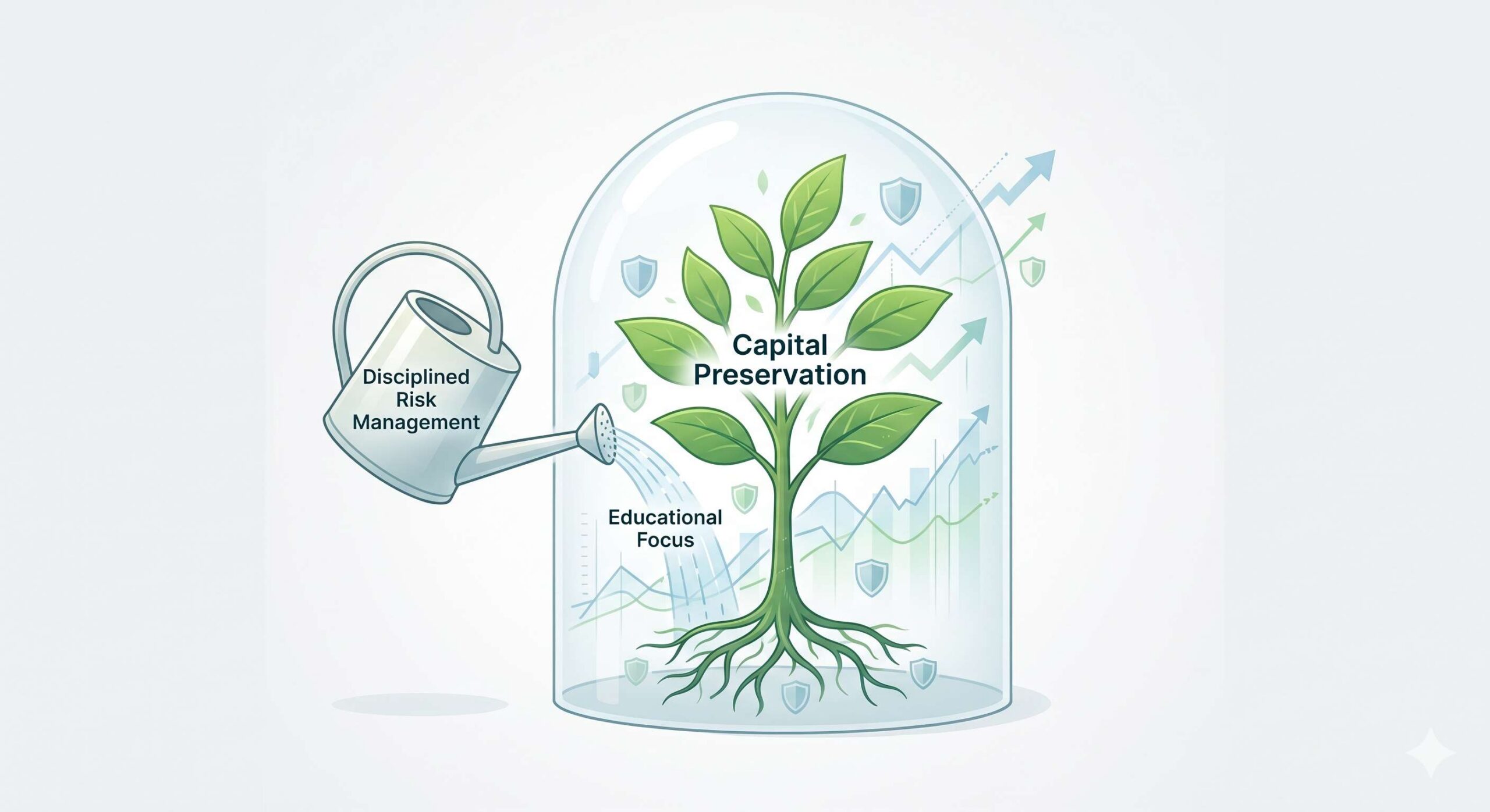 A metaphorical image representing disciplined risk management and capital preservation as a protective dome over a growing trading capital.
