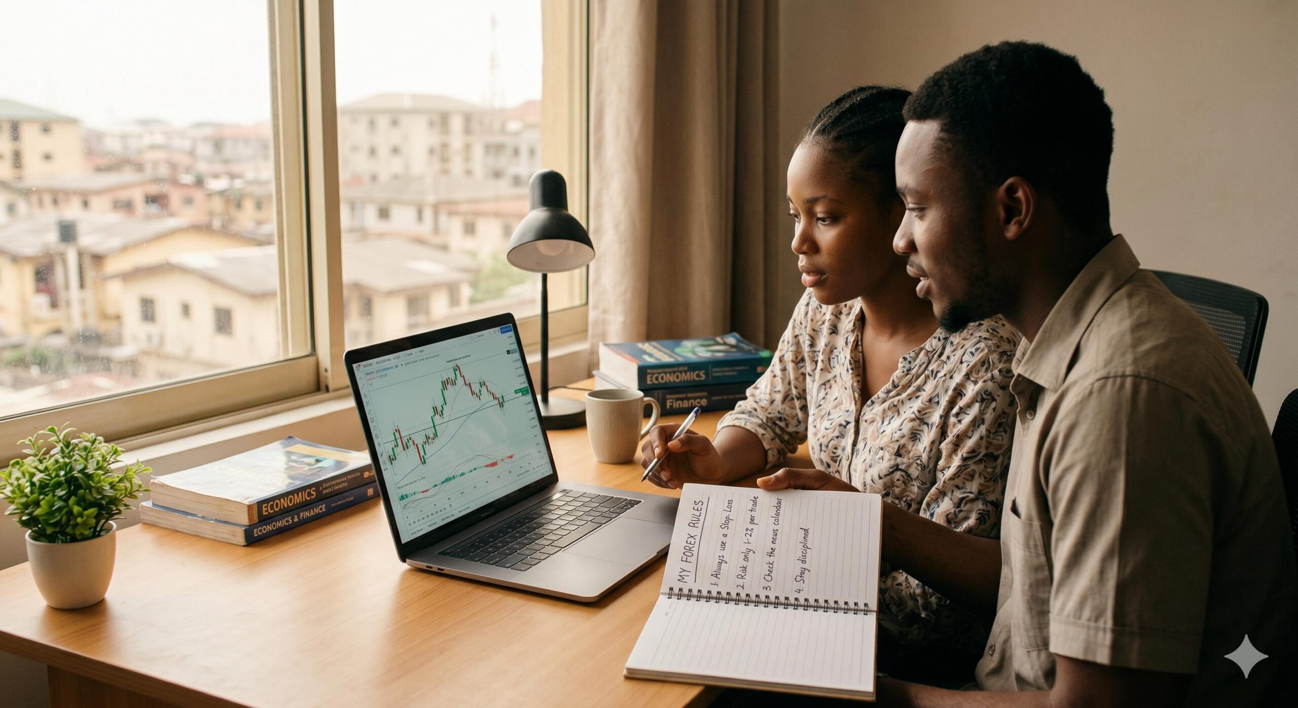 A professional, heartwarming photograph of a focused diverse Nigerian couple, perhaps a young man and woman, sitting at a clean study desk in a brightly lit Lagos home.