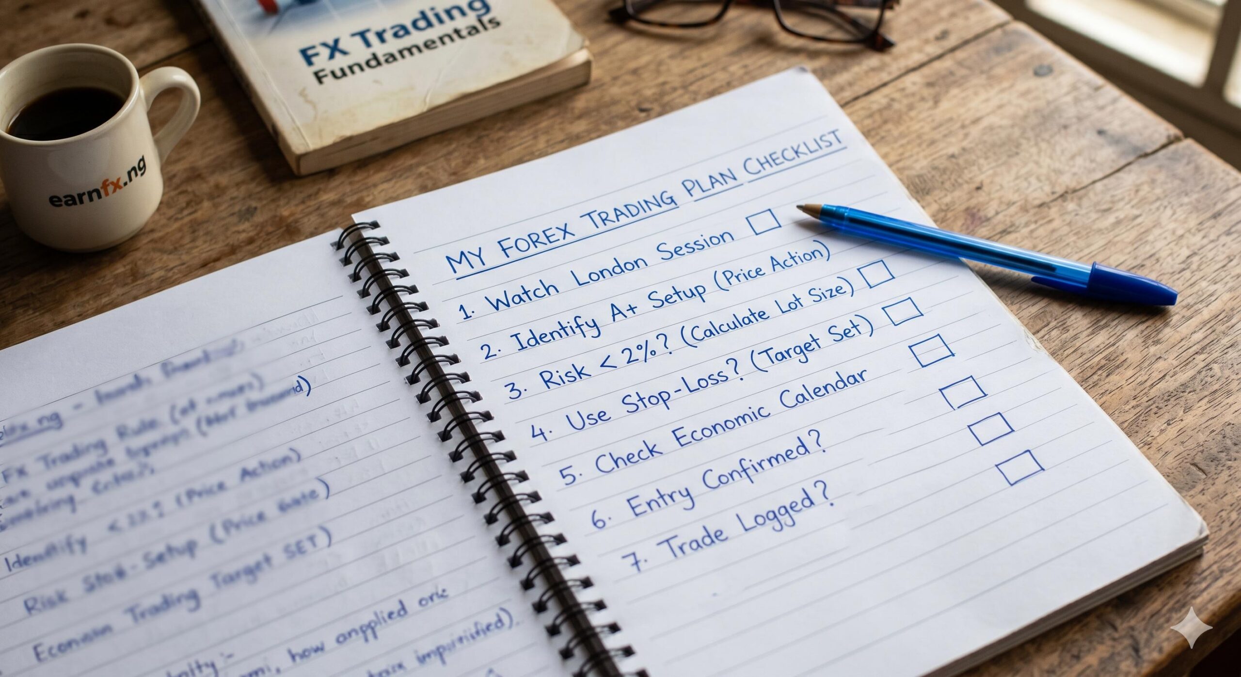 A simple, clean Nigerian-style pen is resting beside the page, ready to check the boxes. Soft, diffused lighting creates an inviting, organized atmosphere._