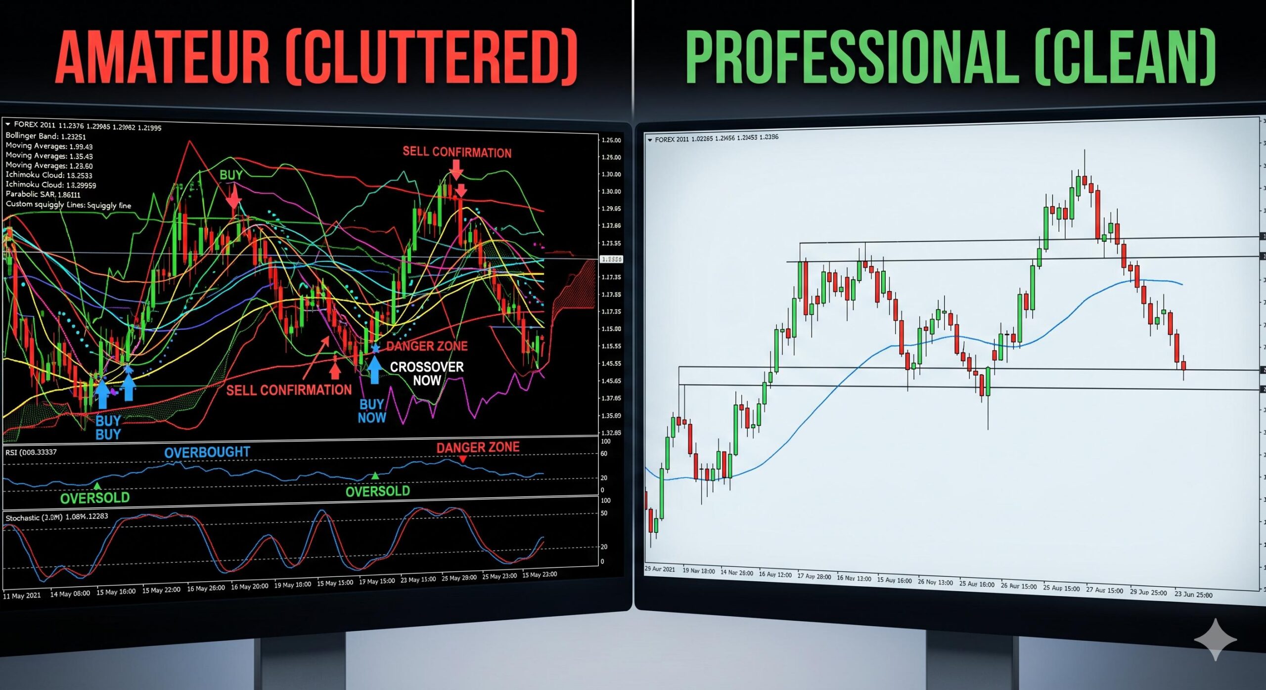 A split-screen comparison illustrating a confusing, cluttered trading chart versus a clean, professional Forex chart.