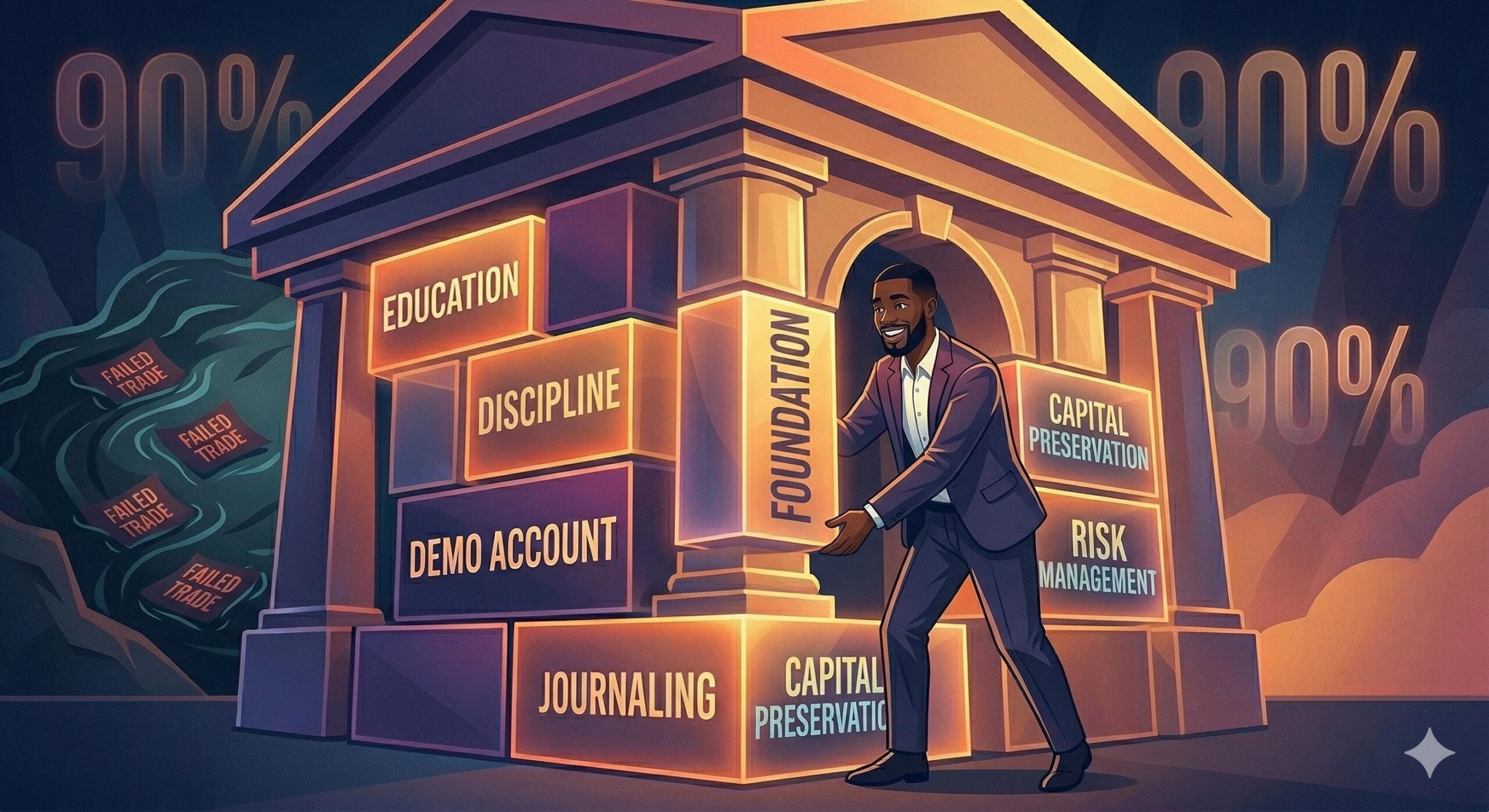 A sturdy, professional building is constructed from blocks representing 'EDUCATION', 'DISCIPLINE', and 'DEMO ACCOUNT'.