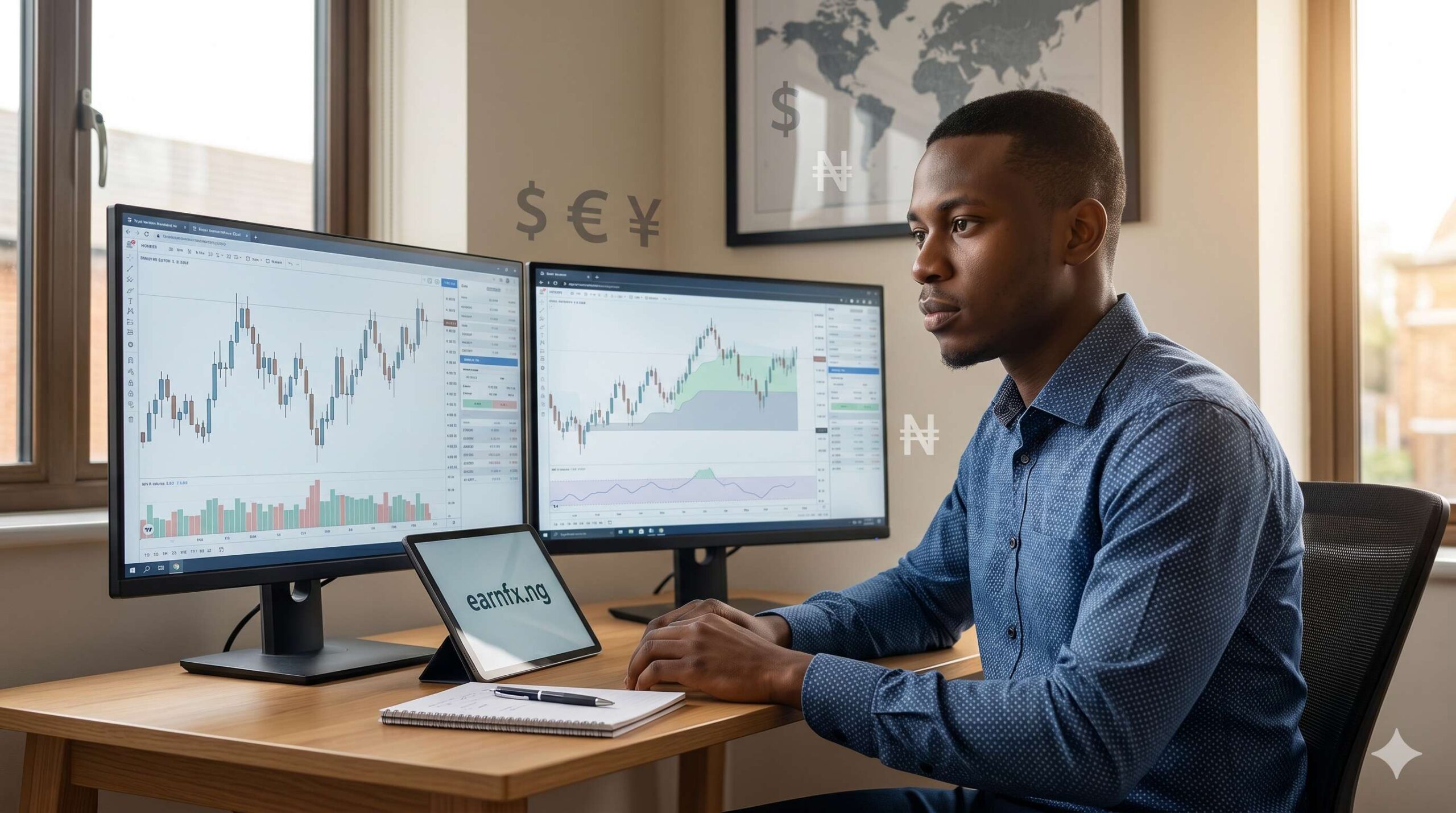 A thoughtful Nigerian forex trader studying global market charts on multiple screens.
