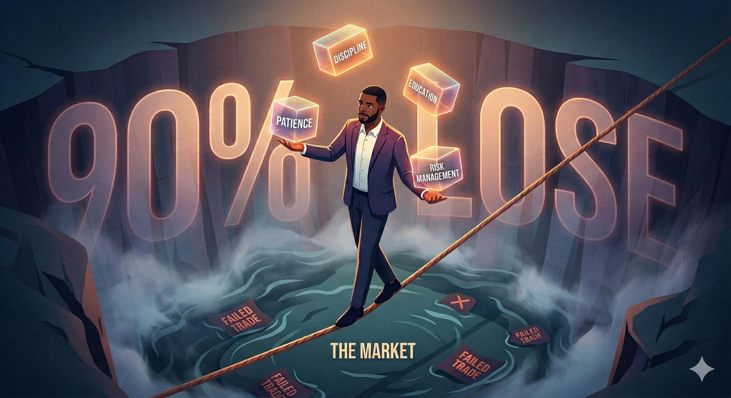 A trader balances critical skills like education and discipline on a tightrope over market risks.