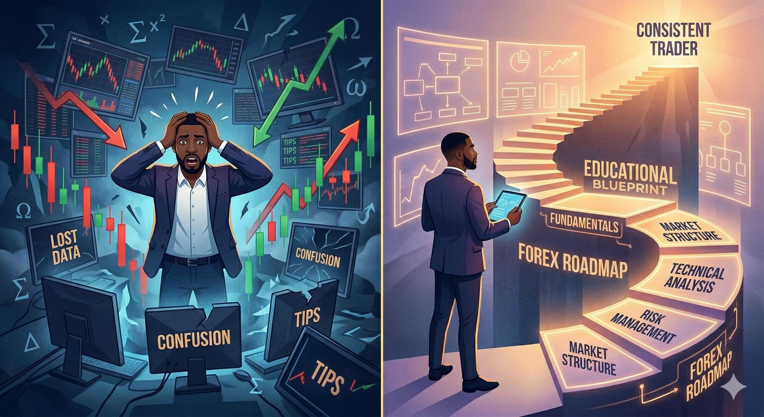 A trader feels overwhelmed by disorganized data versus a trader following a clean, educational roadmap.
