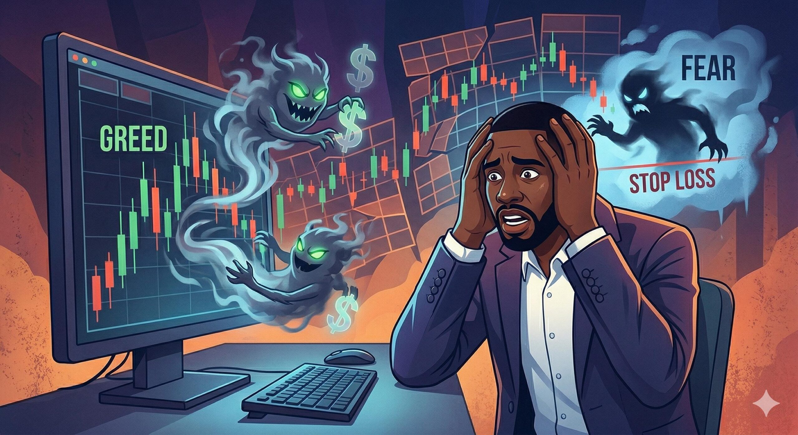 A trader looks at a distorted screen where chart candles transform into creatures of fear and greed.