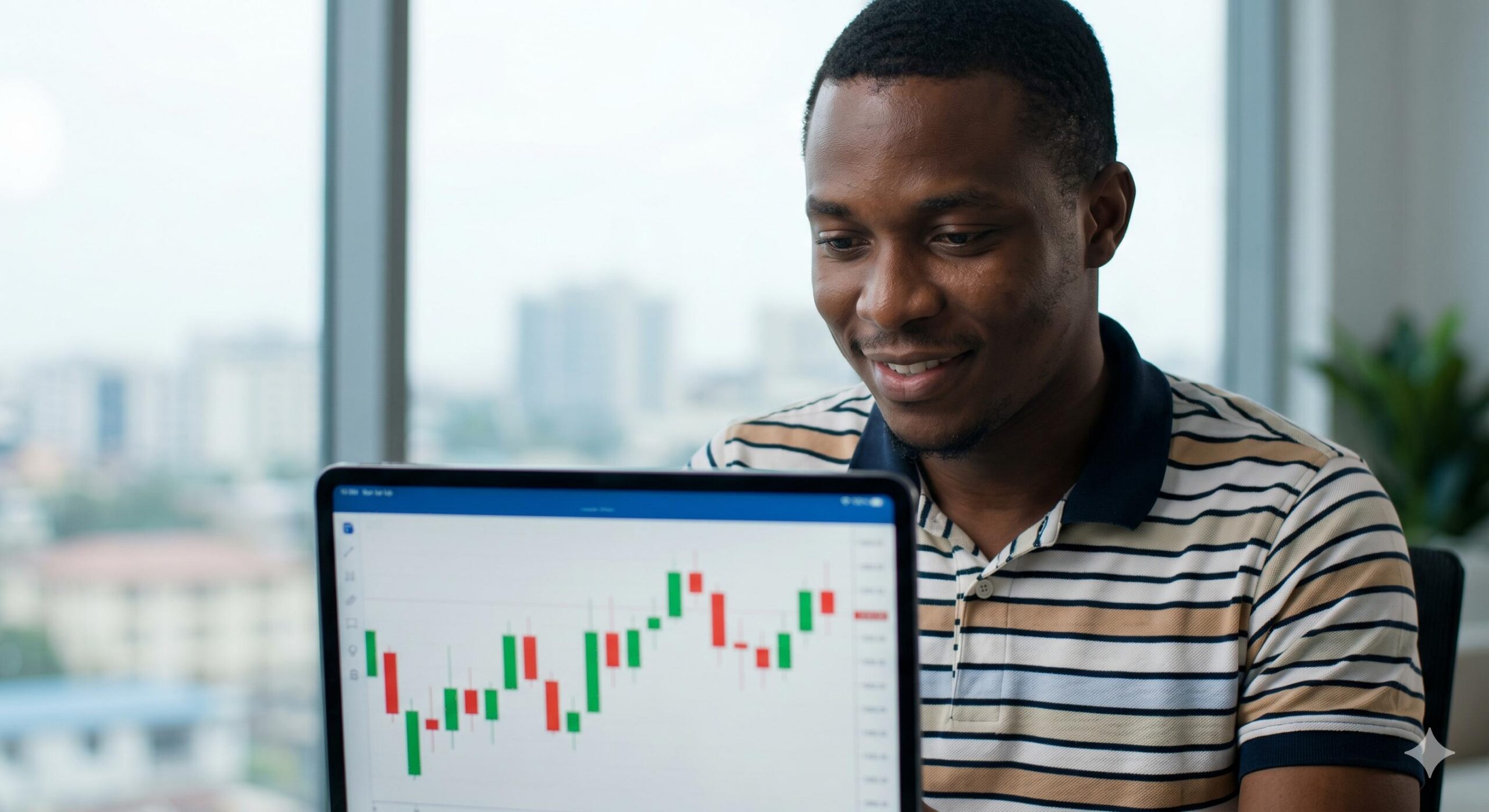 A young Nigerian man successfully interpreting a clean forex candlestick chart on a tablet.