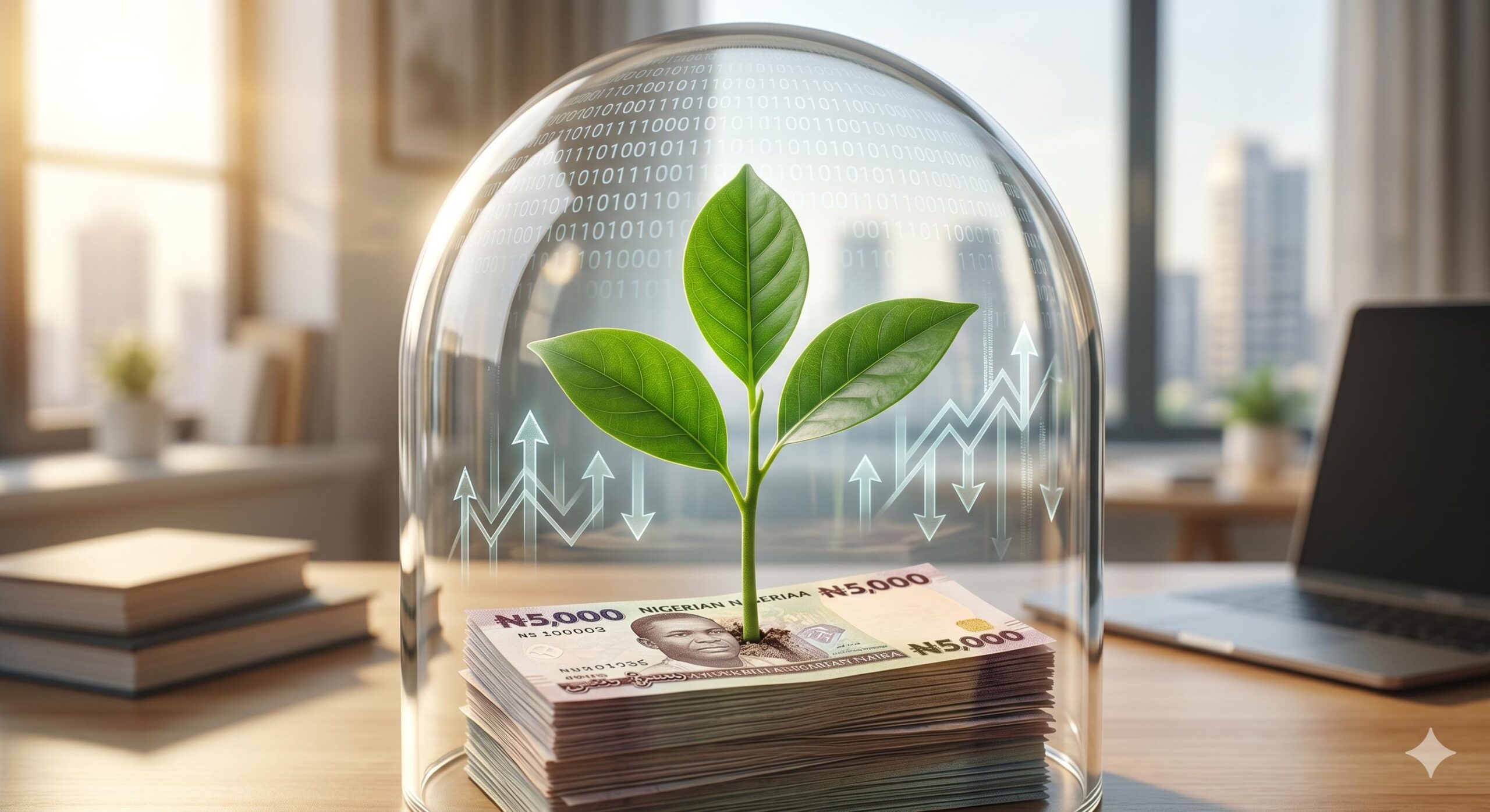 A ₦5,000 Naira note with a miniature plant growing under an educational glass dome.