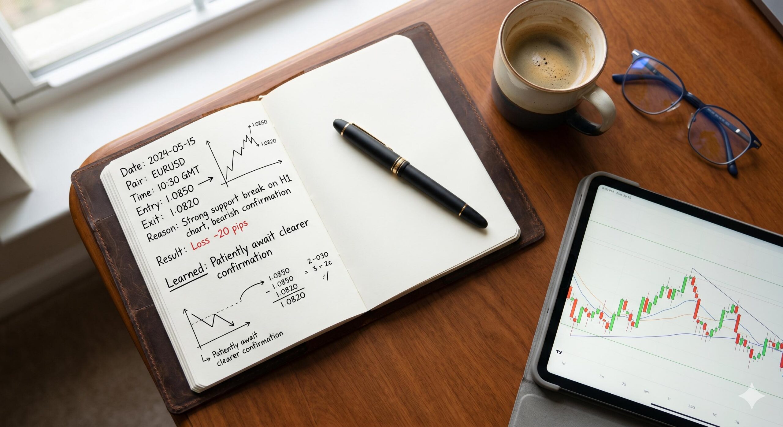 An open handwritten trading journal and pen on a wooden desk alongside a tablet showing charts.