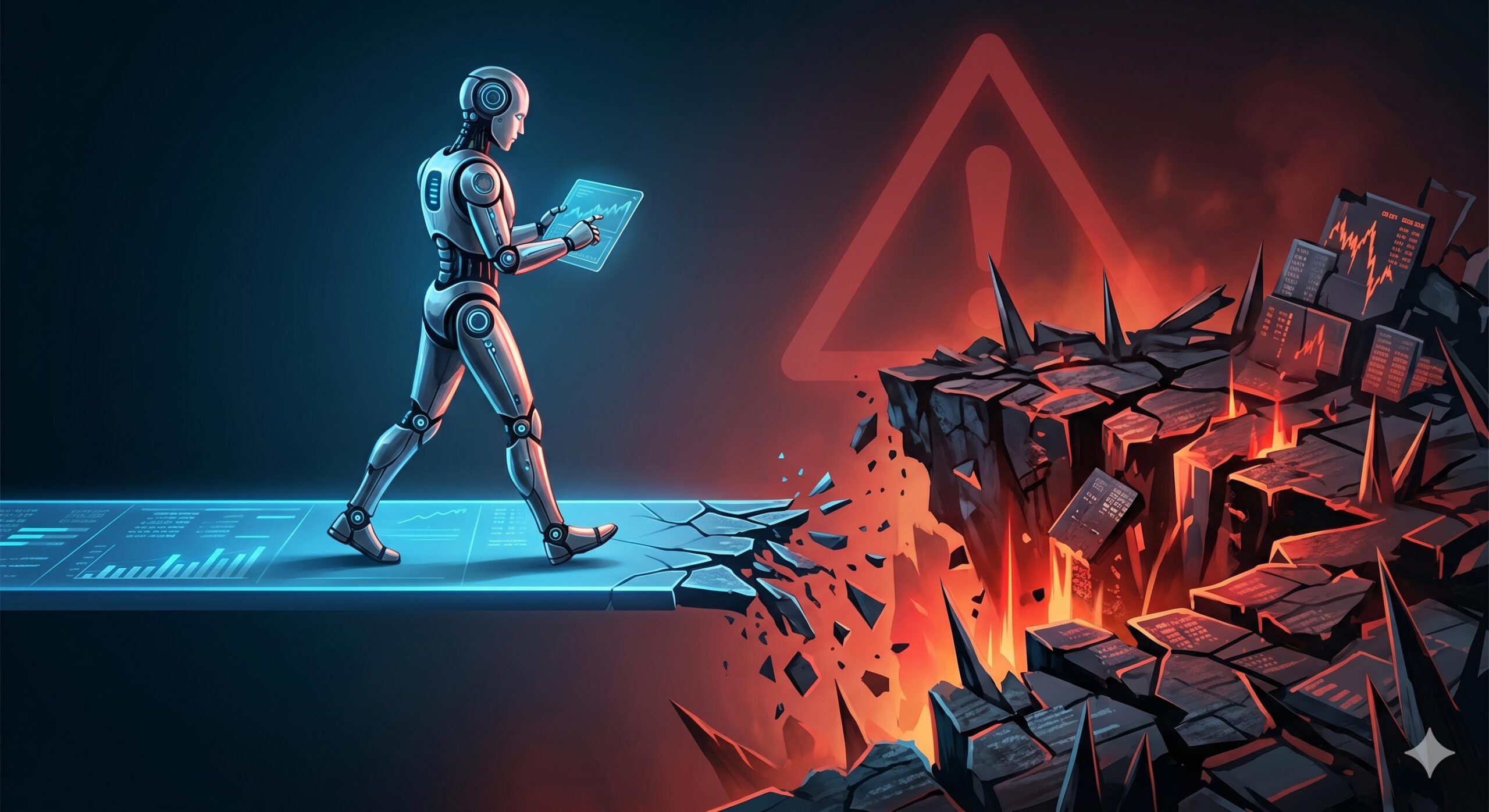 Cautionary illustration of a trading robot failing to adapt to sudden, extreme market volatility.