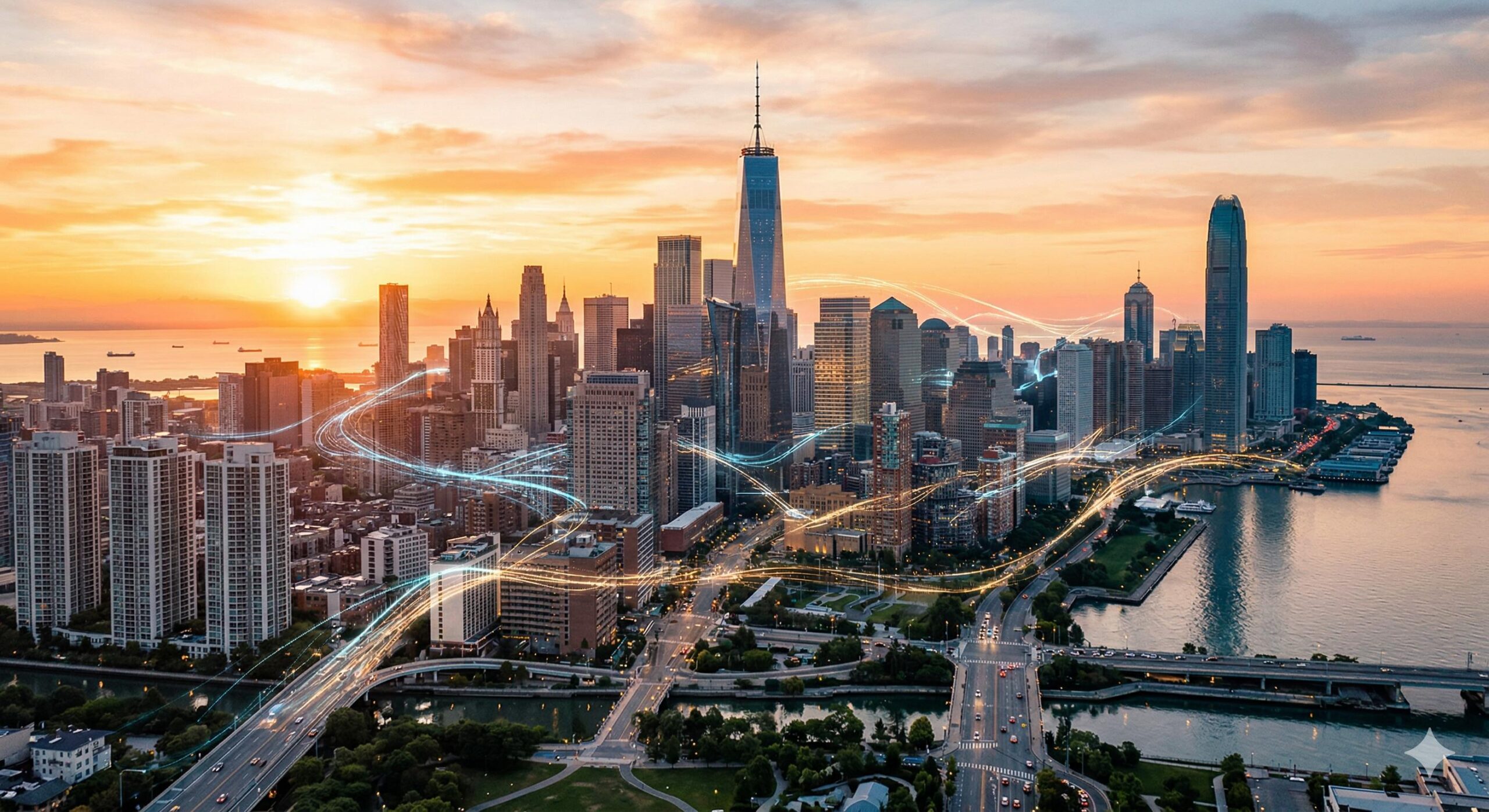 Cityscape with digital connectivity at sunrise, representing tech growth.