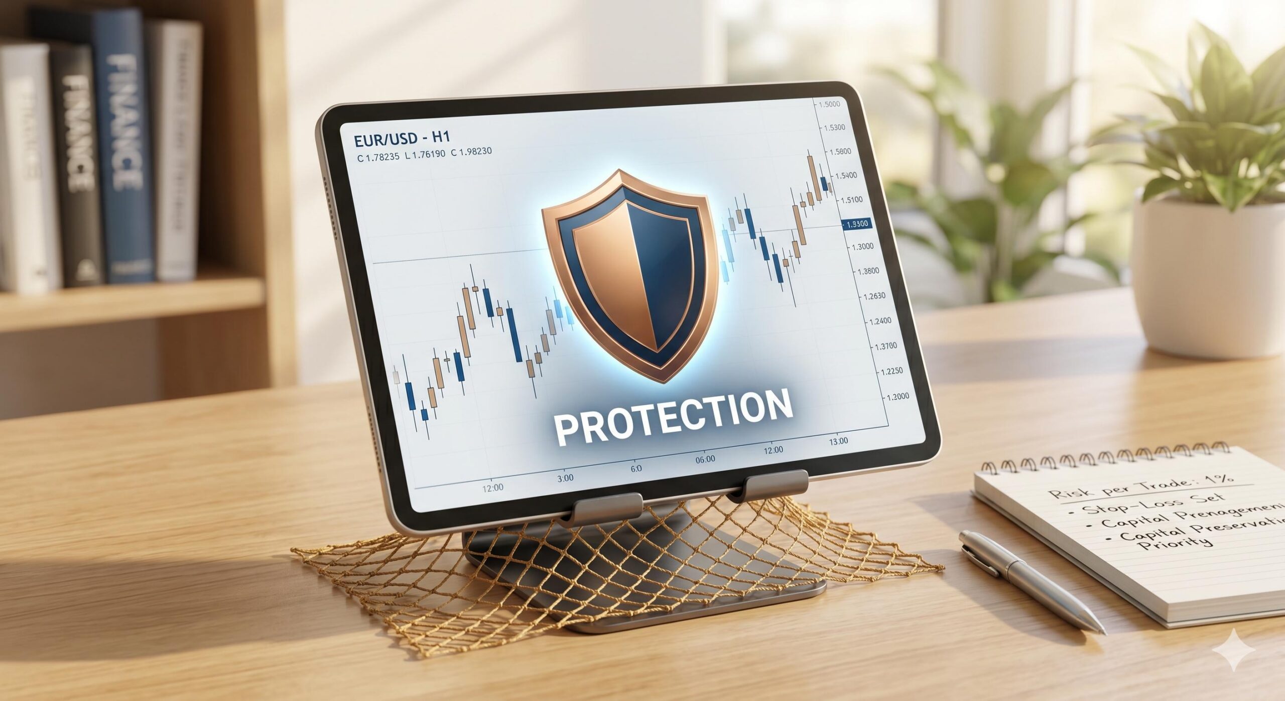 Close-up of a tablet displaying a forex chart with a prominent shield overlay labelled 'PROTECTION', physical safety net partially visible.