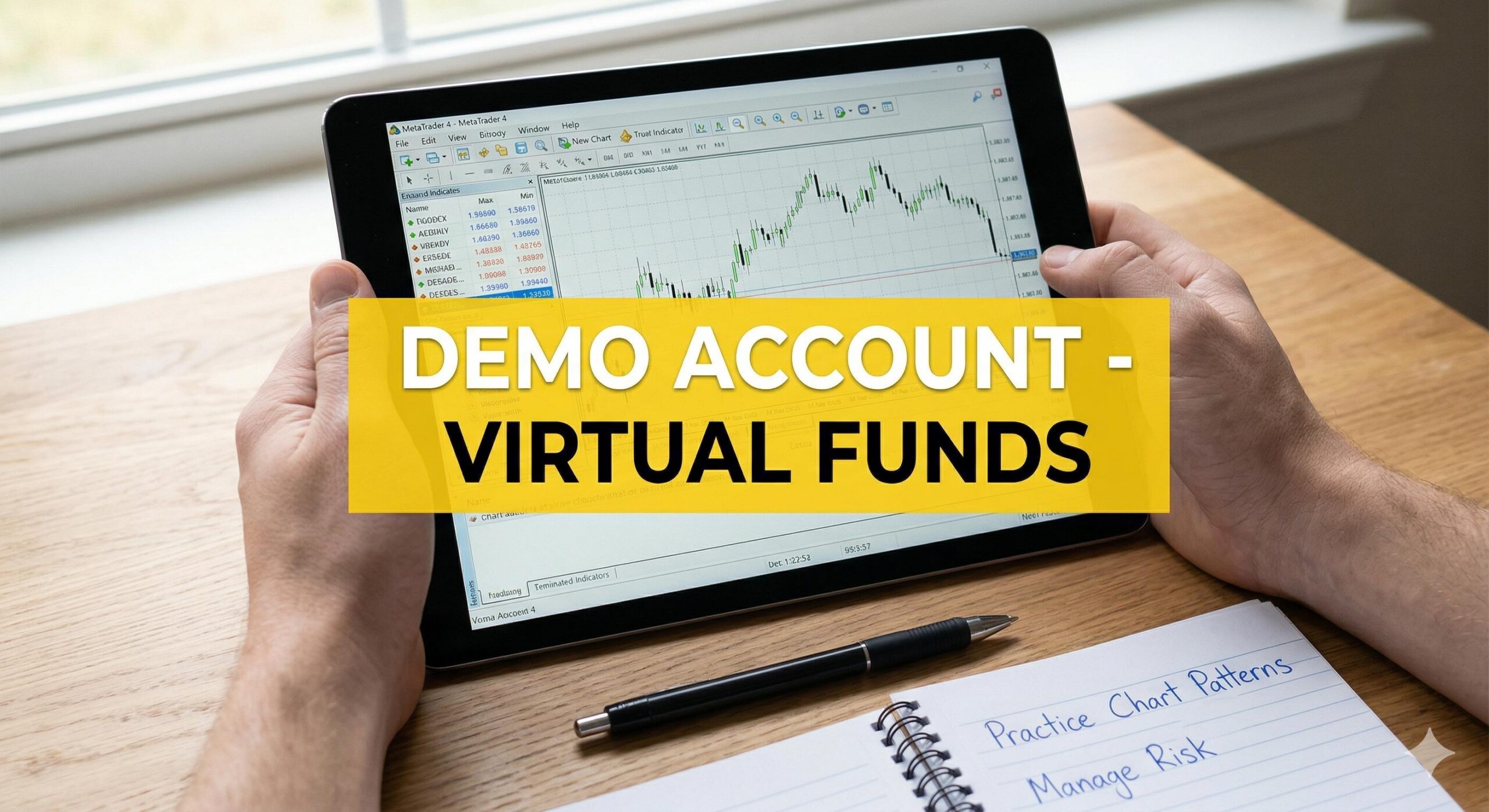 Close-up of a tablet screen clearly marked 'Demo Account' with virtual funds.