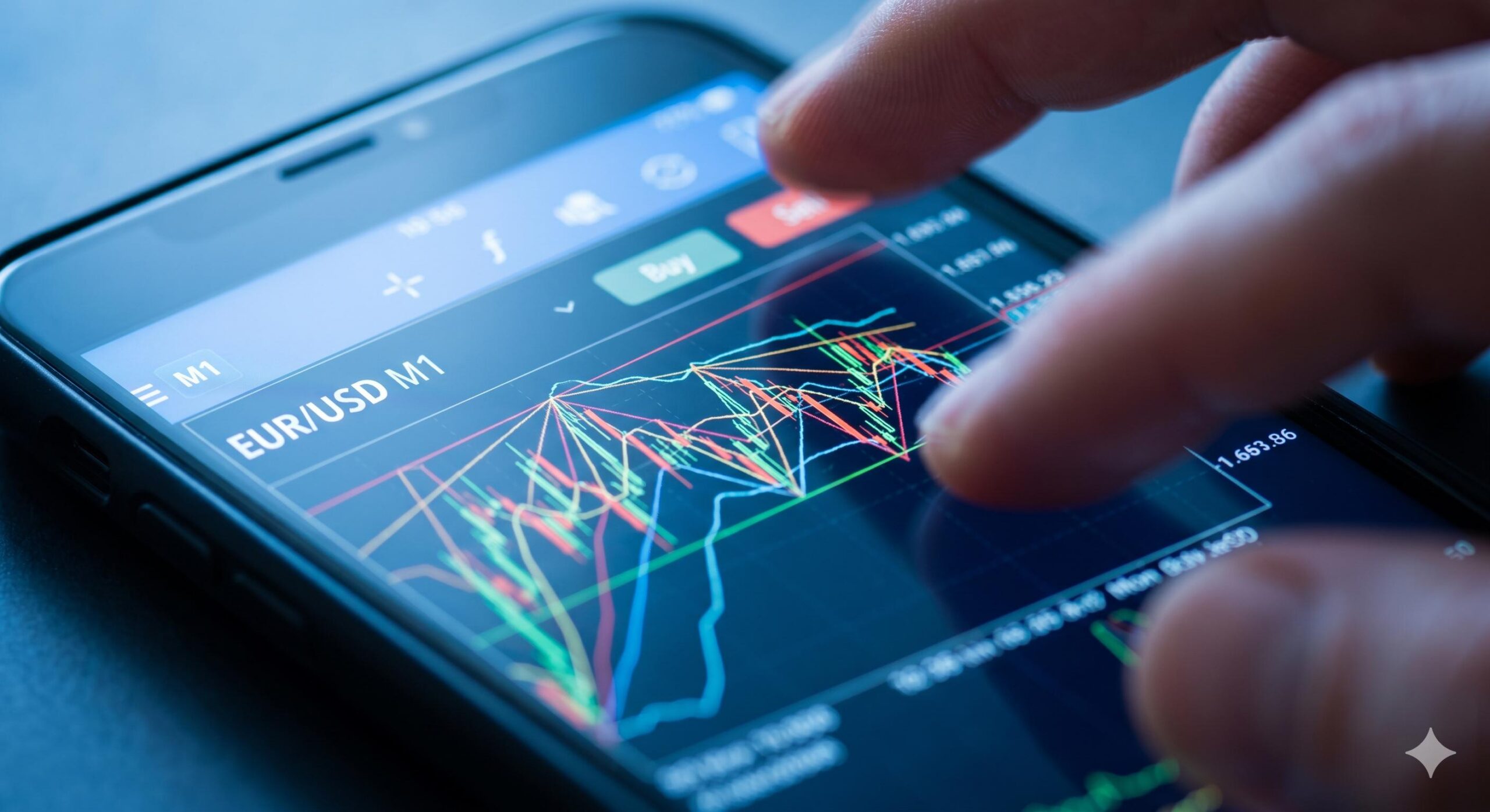 Close-up of intense candlestick charting required for forex scalping.