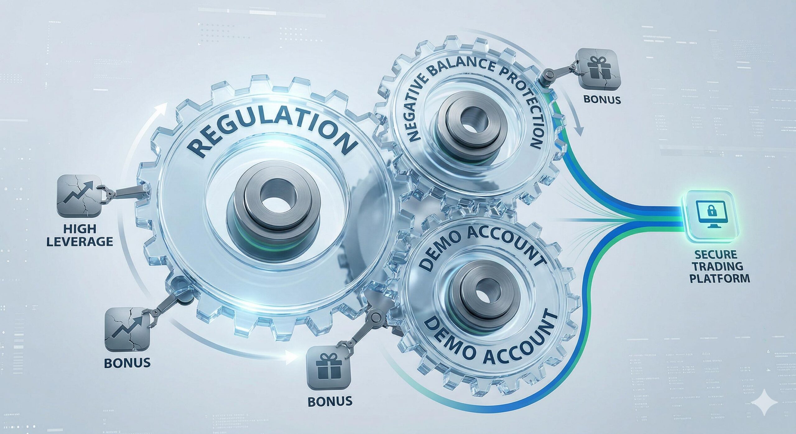 Concept visual showing regulatory and safety gears filtering trading platforms.