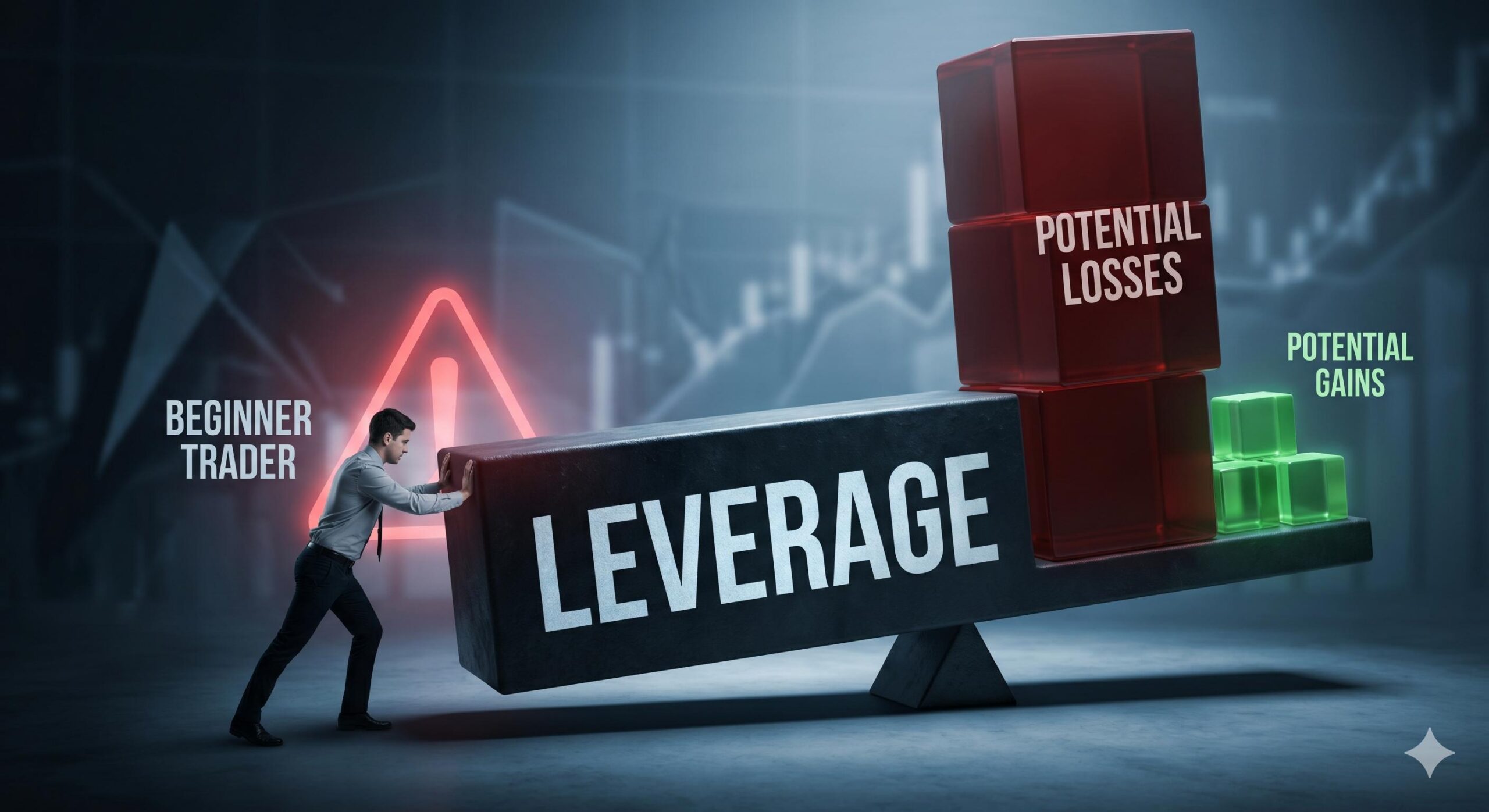 Conceptual photo of a small trader pushing a huge 'LEVERAGE' block teetering on a fulcrum, illustrating potential losses far outweighing potential gains.