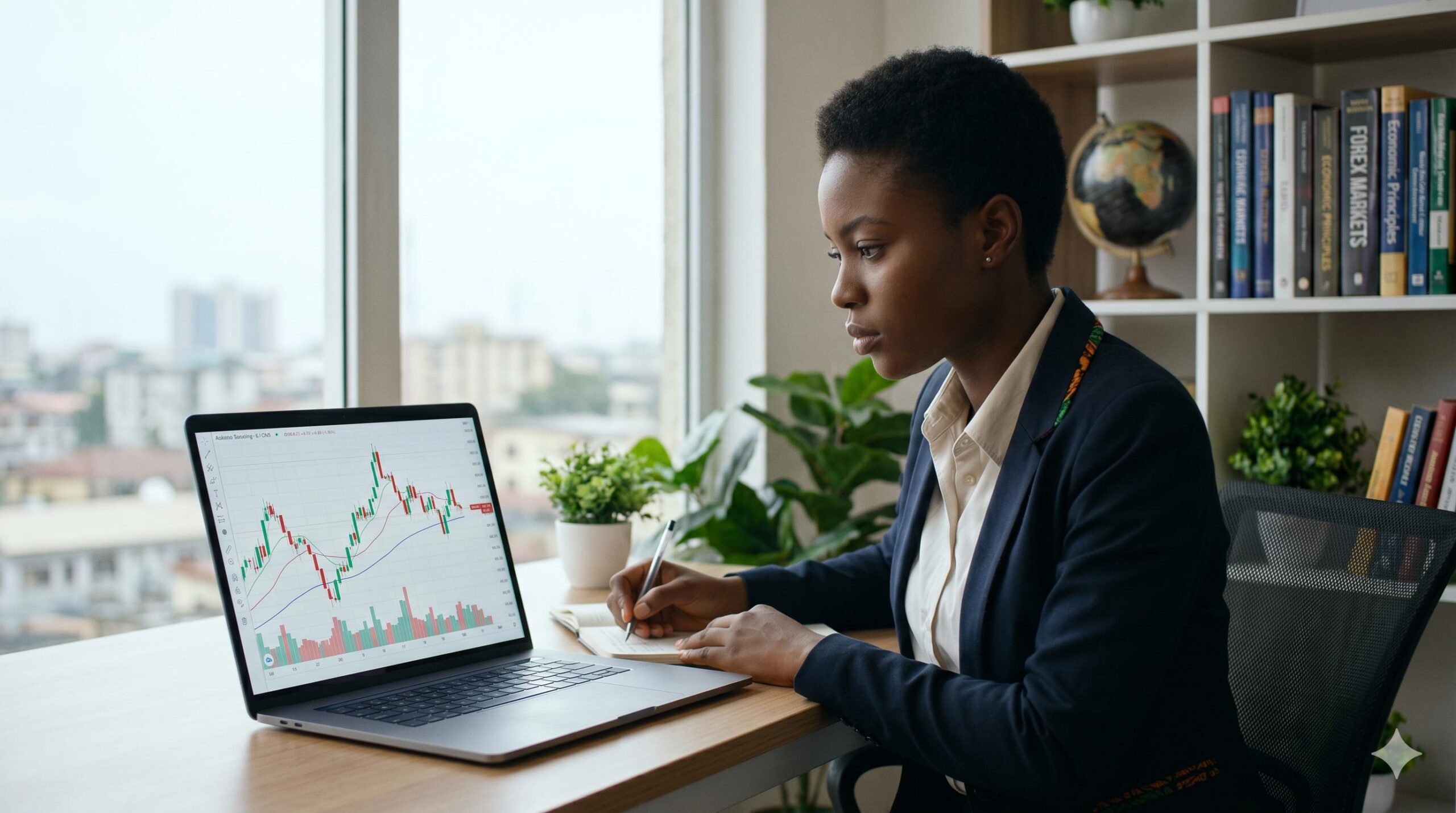 Determined Nigerian professional analyzing real-time forex charts on a laptop.