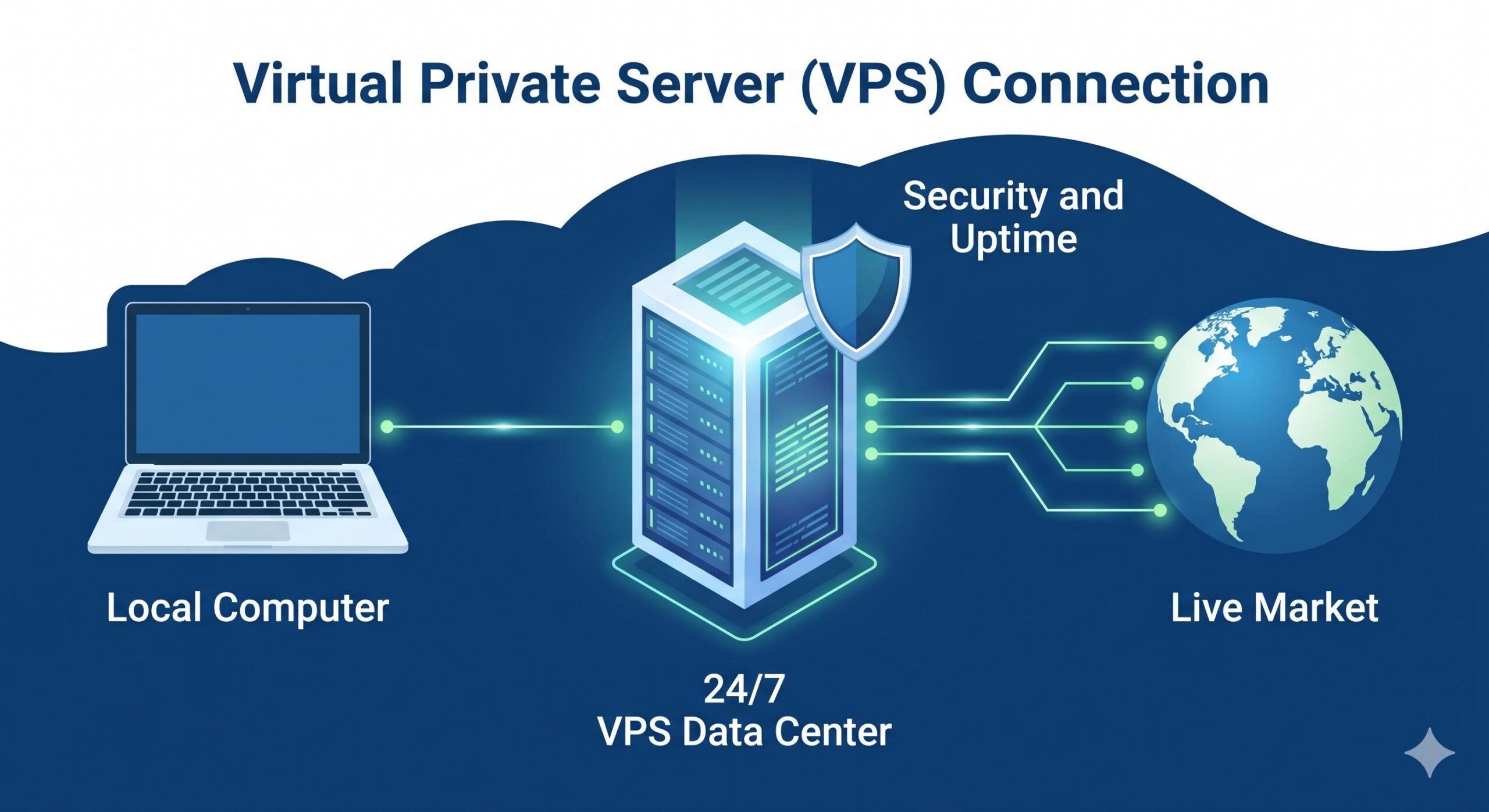 Diagram illustrating how a local computer connects to a 24_7 Virtual Private Server for continuous automated trading.