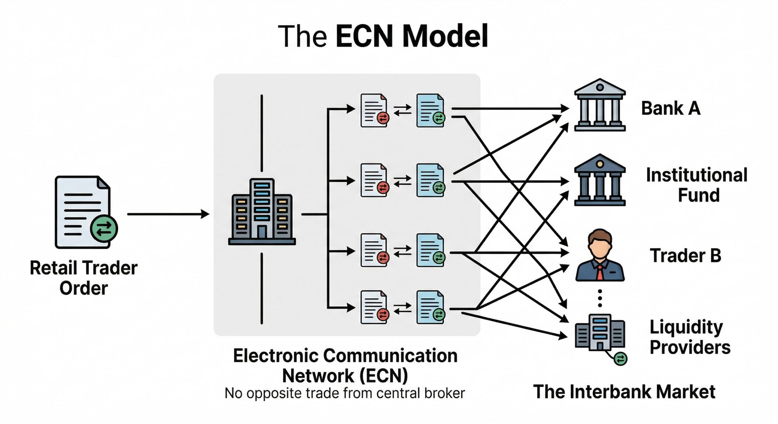 Diagram of ECN order matching directly with interbank participants.