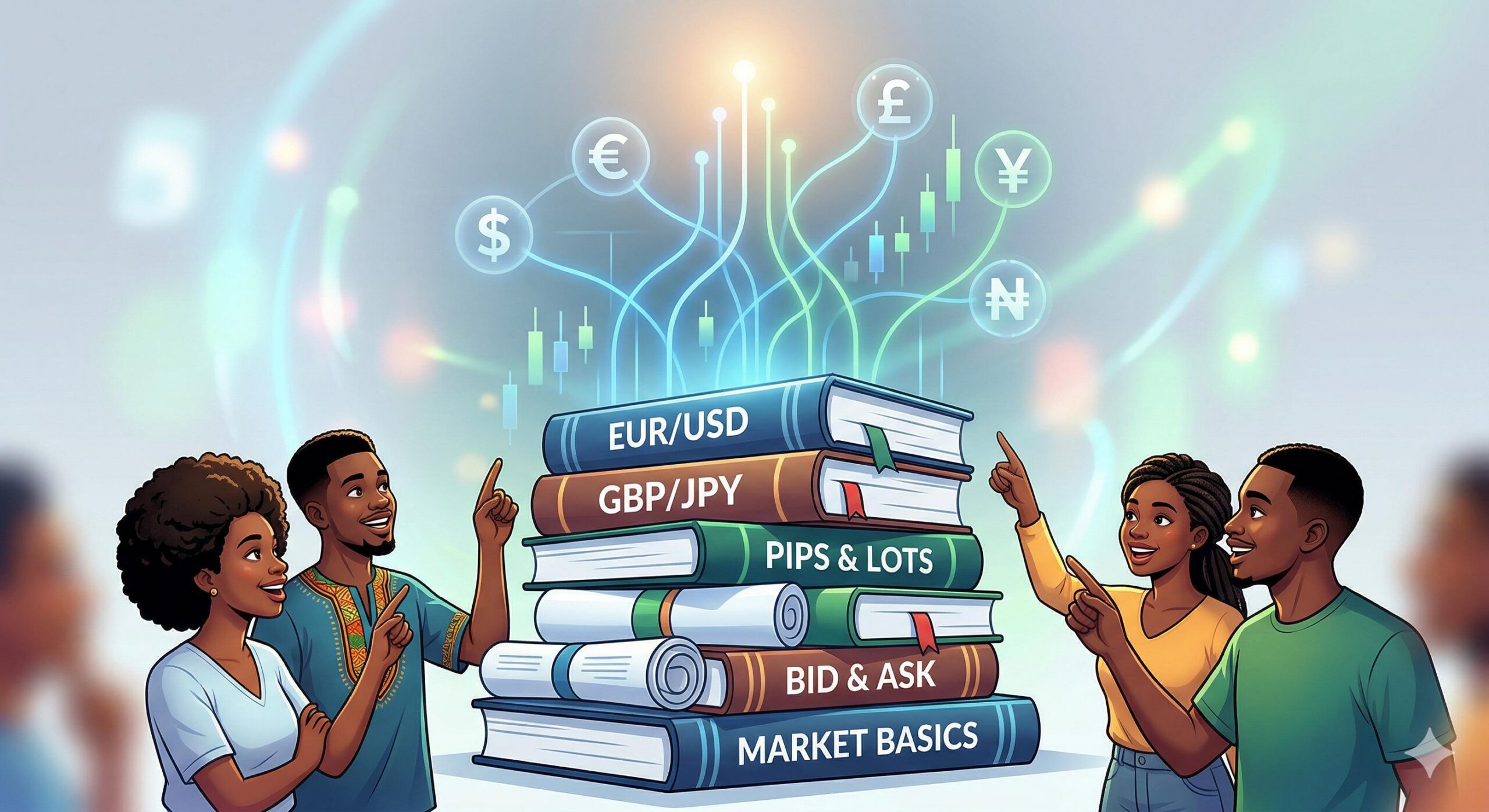 Digital illustration of diverse people engaging with stacked educational forex materials.