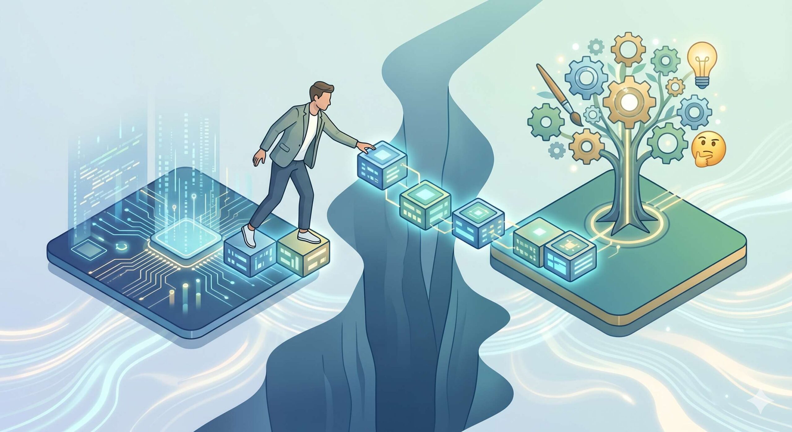 Digital illustration representing the core theme of Bridging Automation and Human Creativity. ___