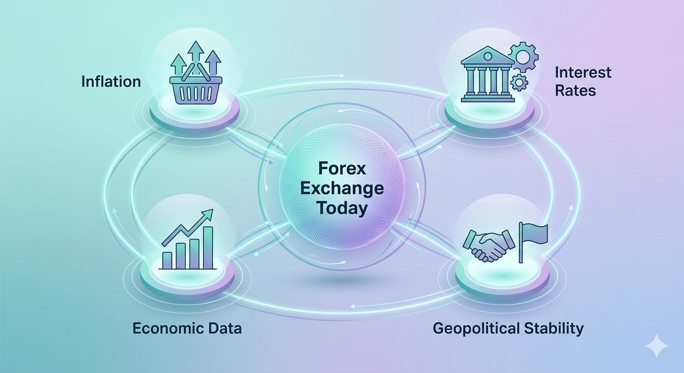 Digital infographic visualization of the interconnected global factors influencing the forex exchange today rates.