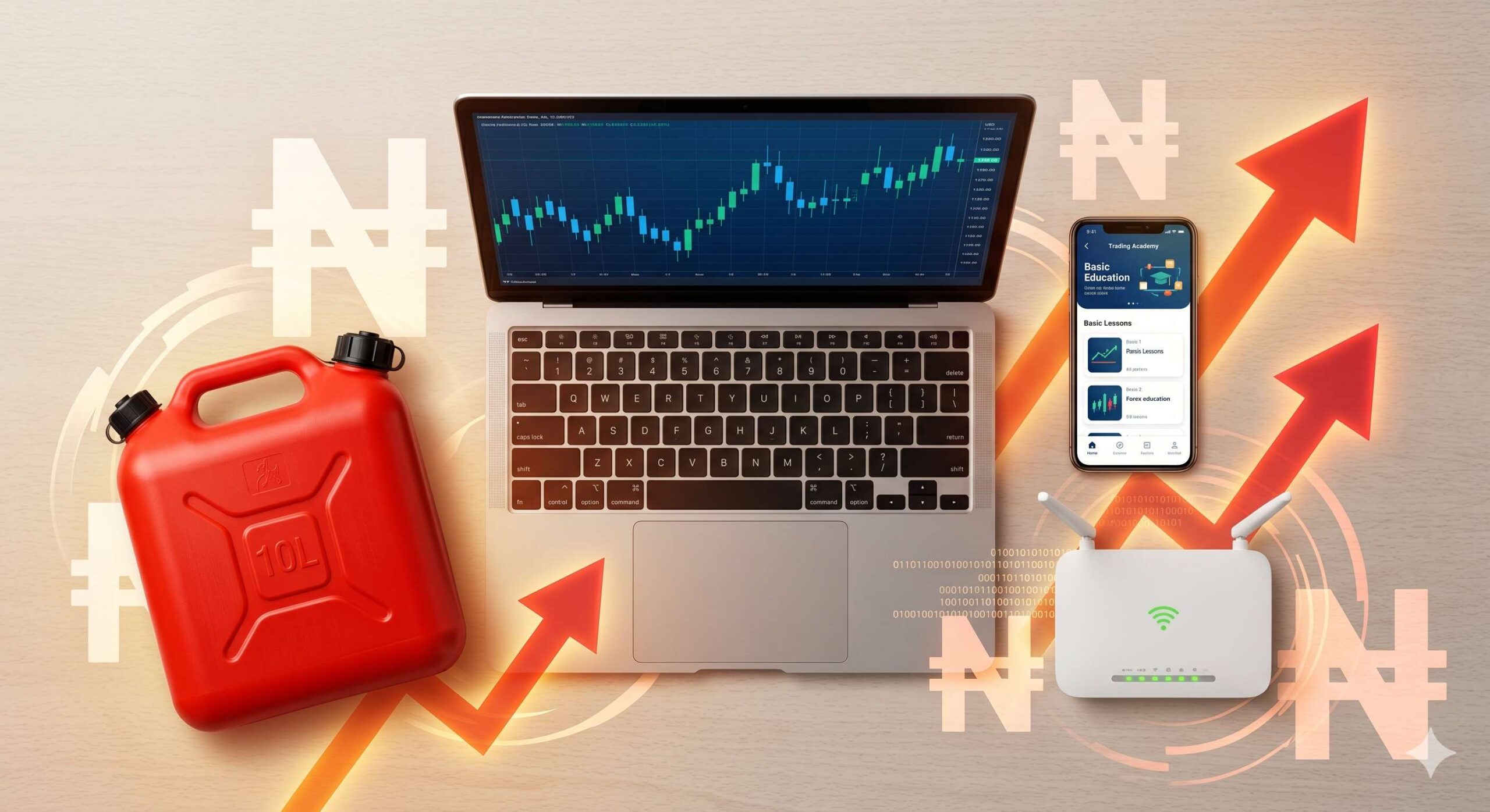 Essential trading tools like a laptop, phone, router, and fuel container, highlighted to show their high cost in Naira.