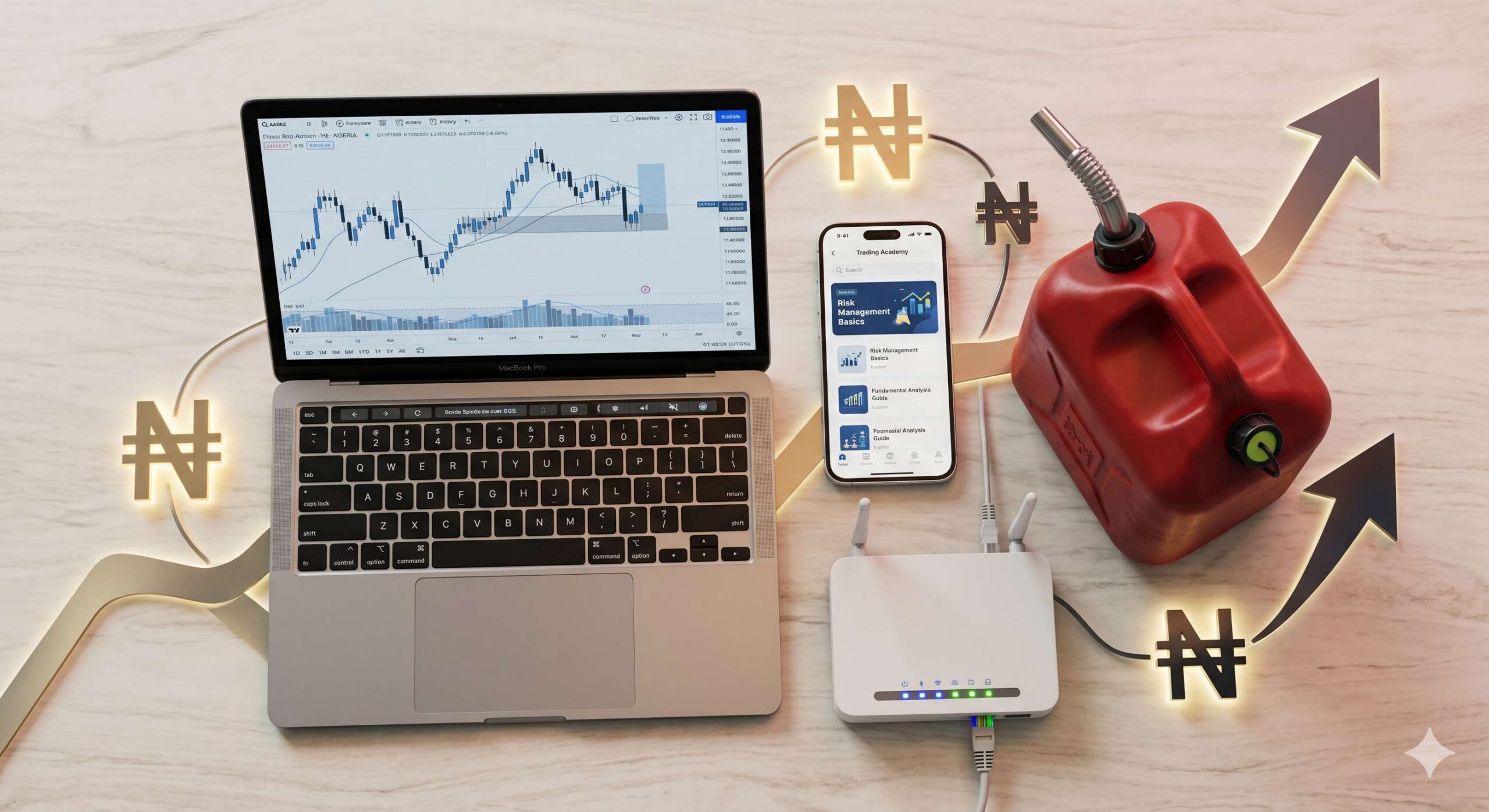 Essential trading tools like a laptop, phone, router, and fuel container, highlighted to show their high cost in Naira. (1)