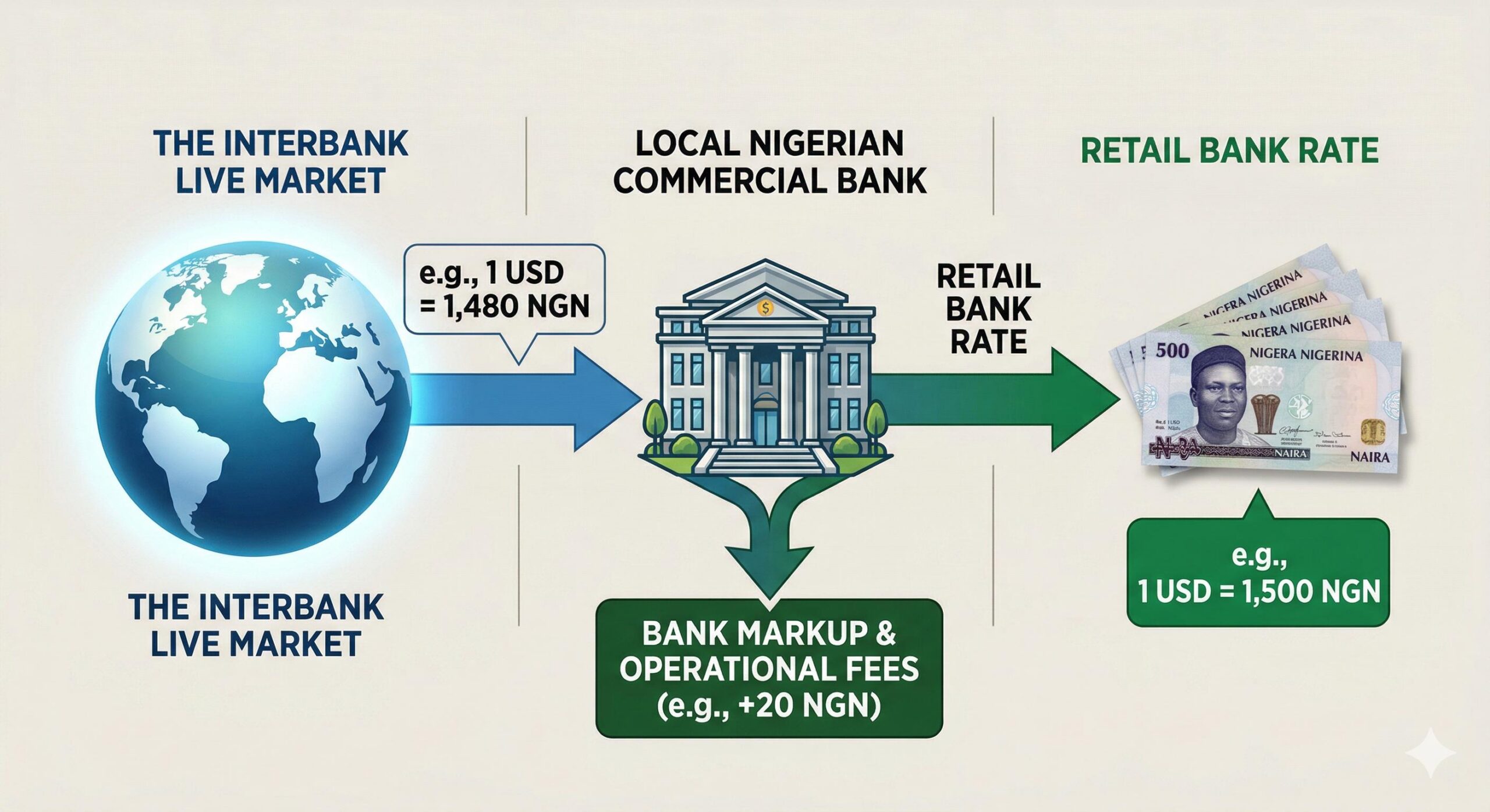 Flowchart showing how global interbank exchange rates are converted into local Nigerian retail bank rates.