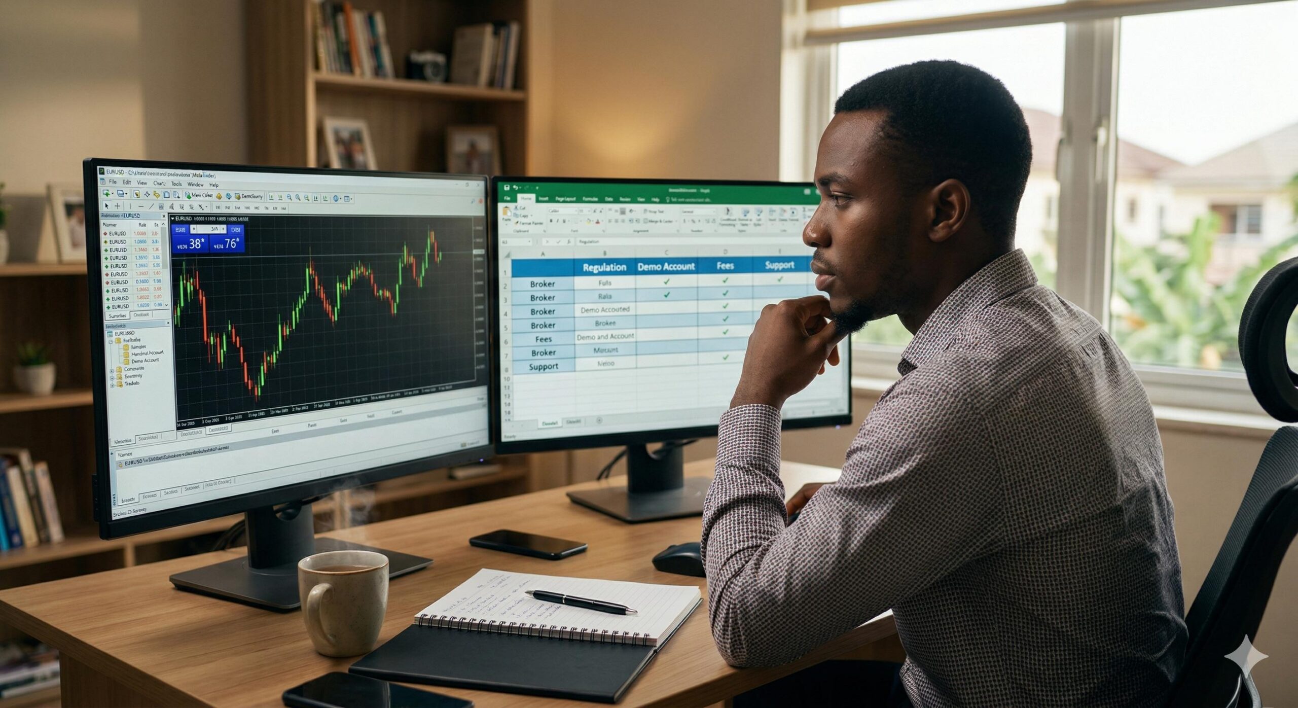 Focused Nigerian trader at a home desk comparison spreadsheet and charts.