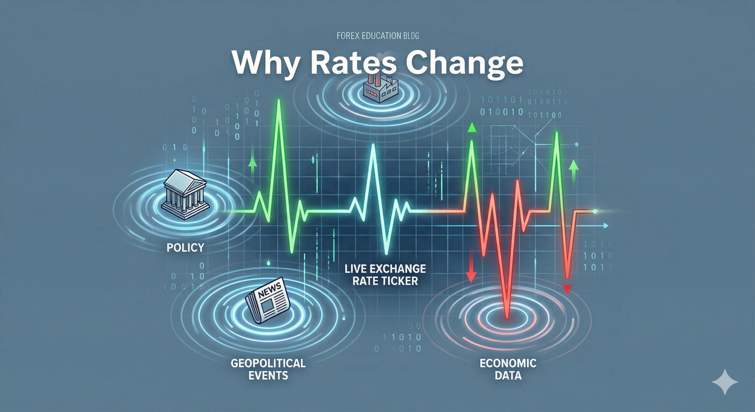 Graphic illustrating how economic data, news, and central bank policies cause live exchange rates to fluctuate.