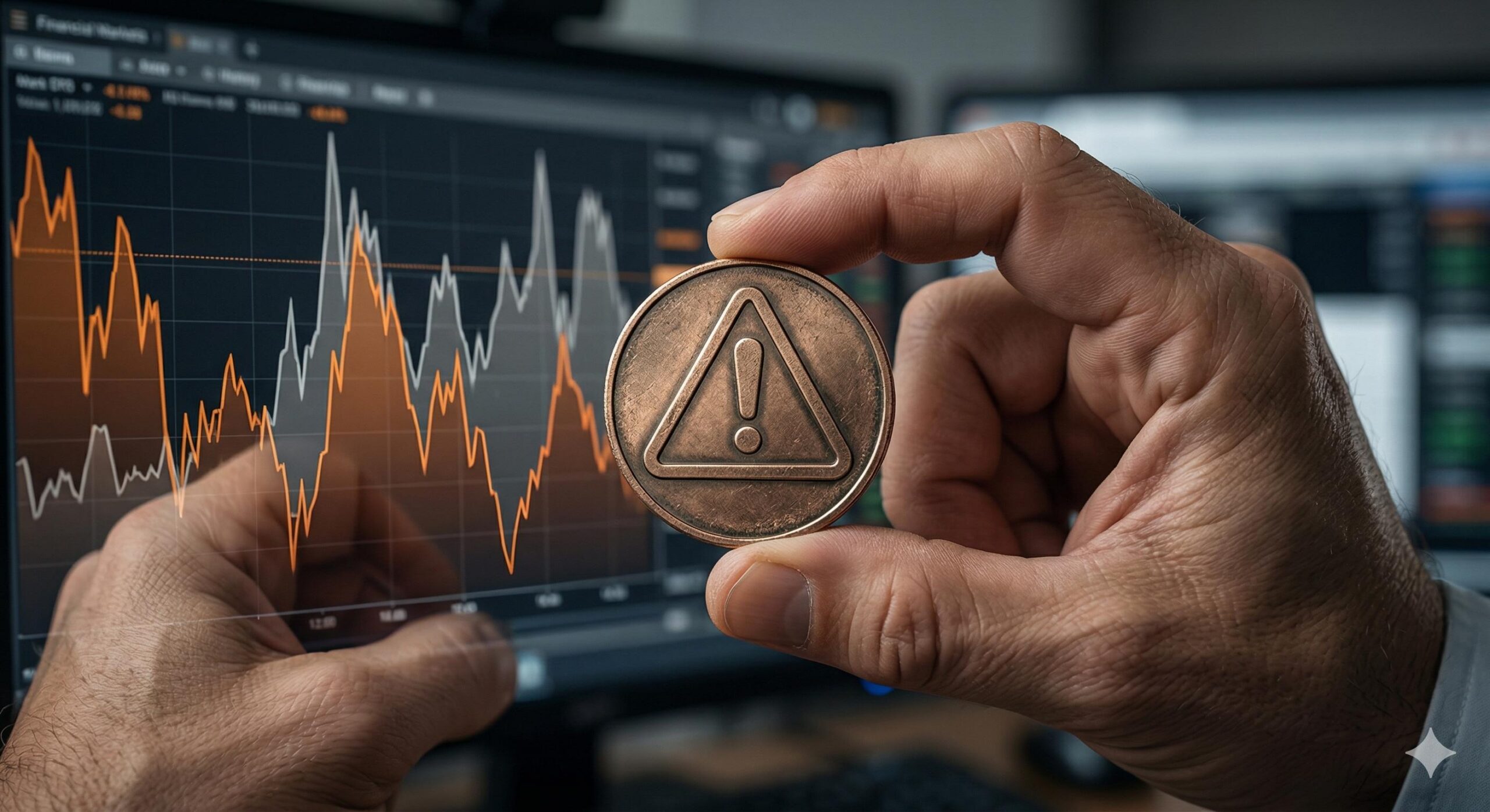 Hand holding coin with caution symbol over volatile market chart.