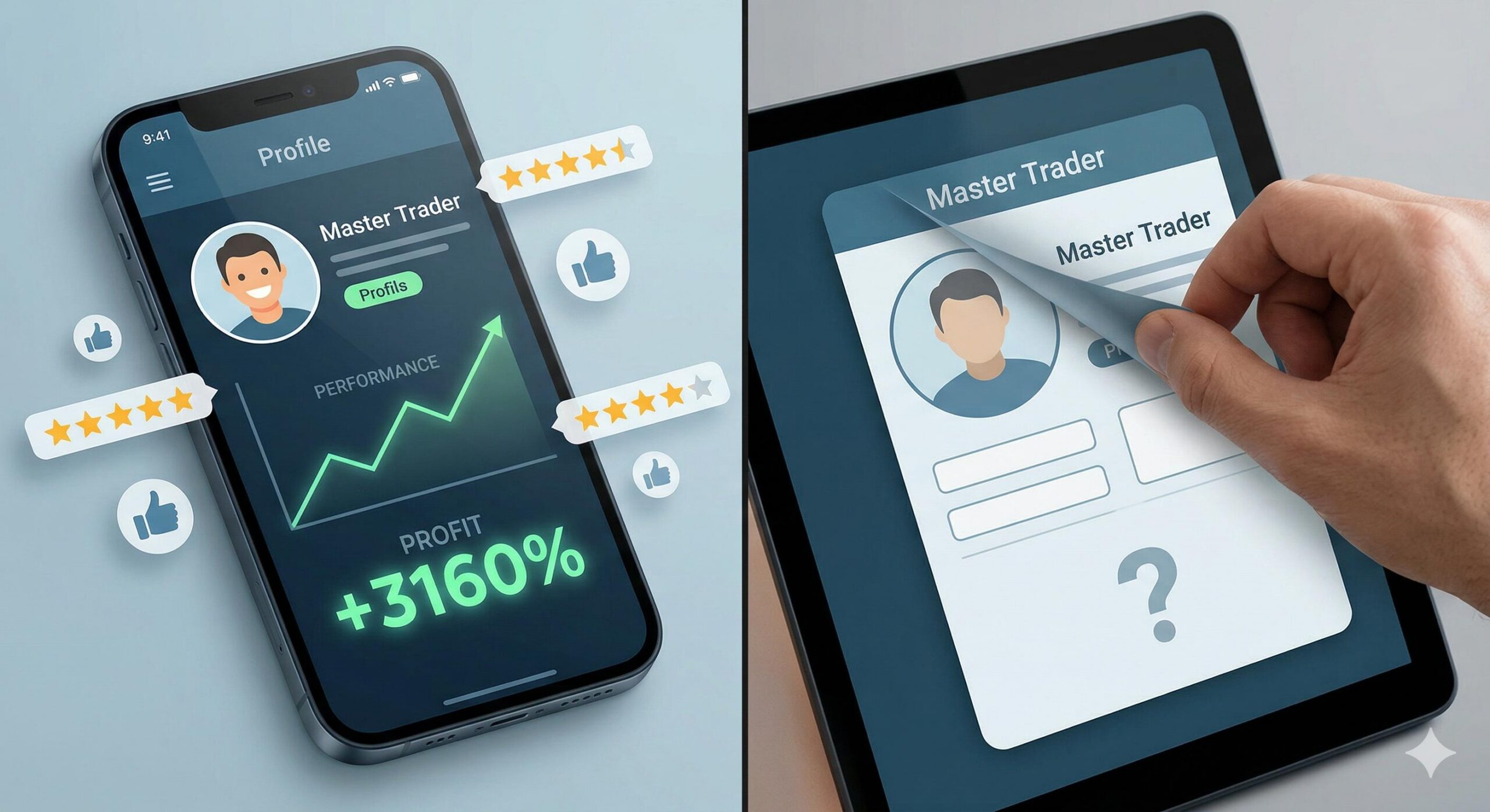 Hand unmasking a fake copy trading profile.