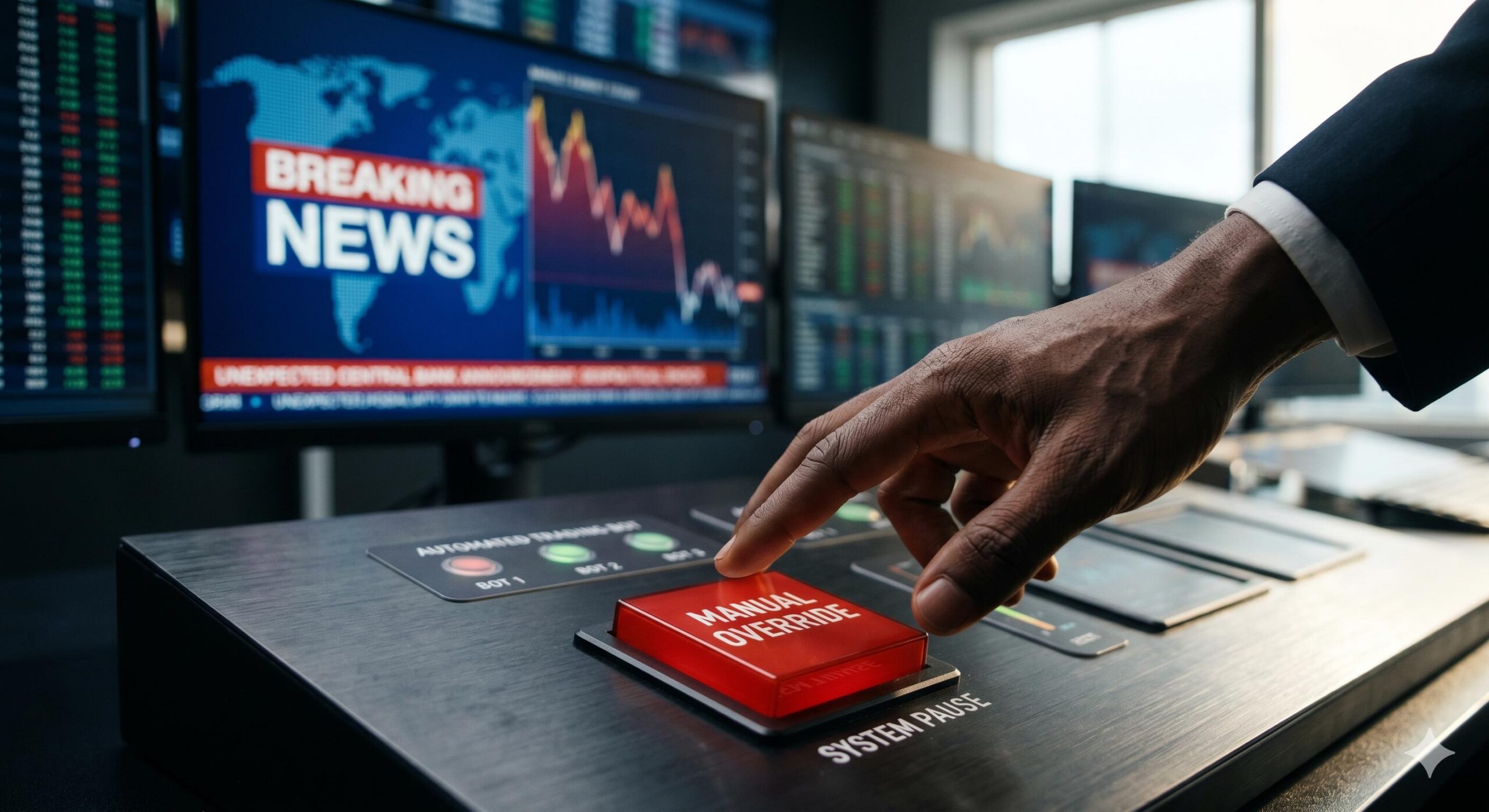 Human hand hovering over a manual override button to pause trading bots during major news events.