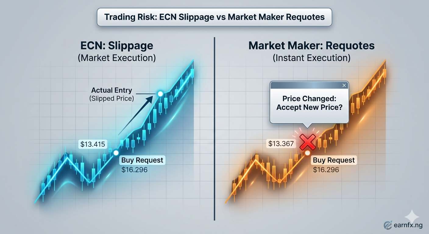 Infographic comparing slippage (ECN) vs. requotes (Market Maker) risk.