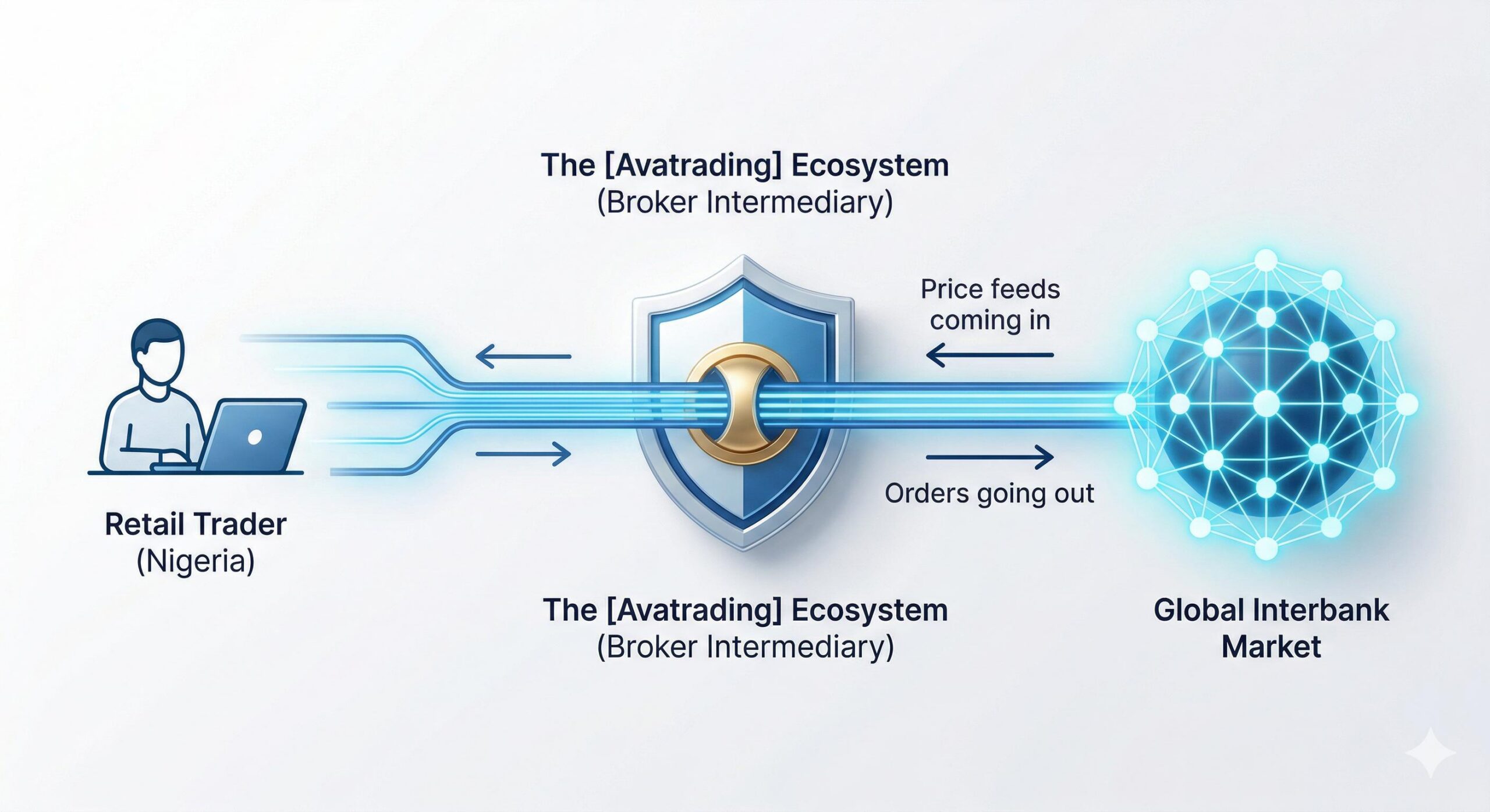 Infographic diagram showing the [avatrading] ecosystem acting as the broker intermediary between a retail trader and the global market.