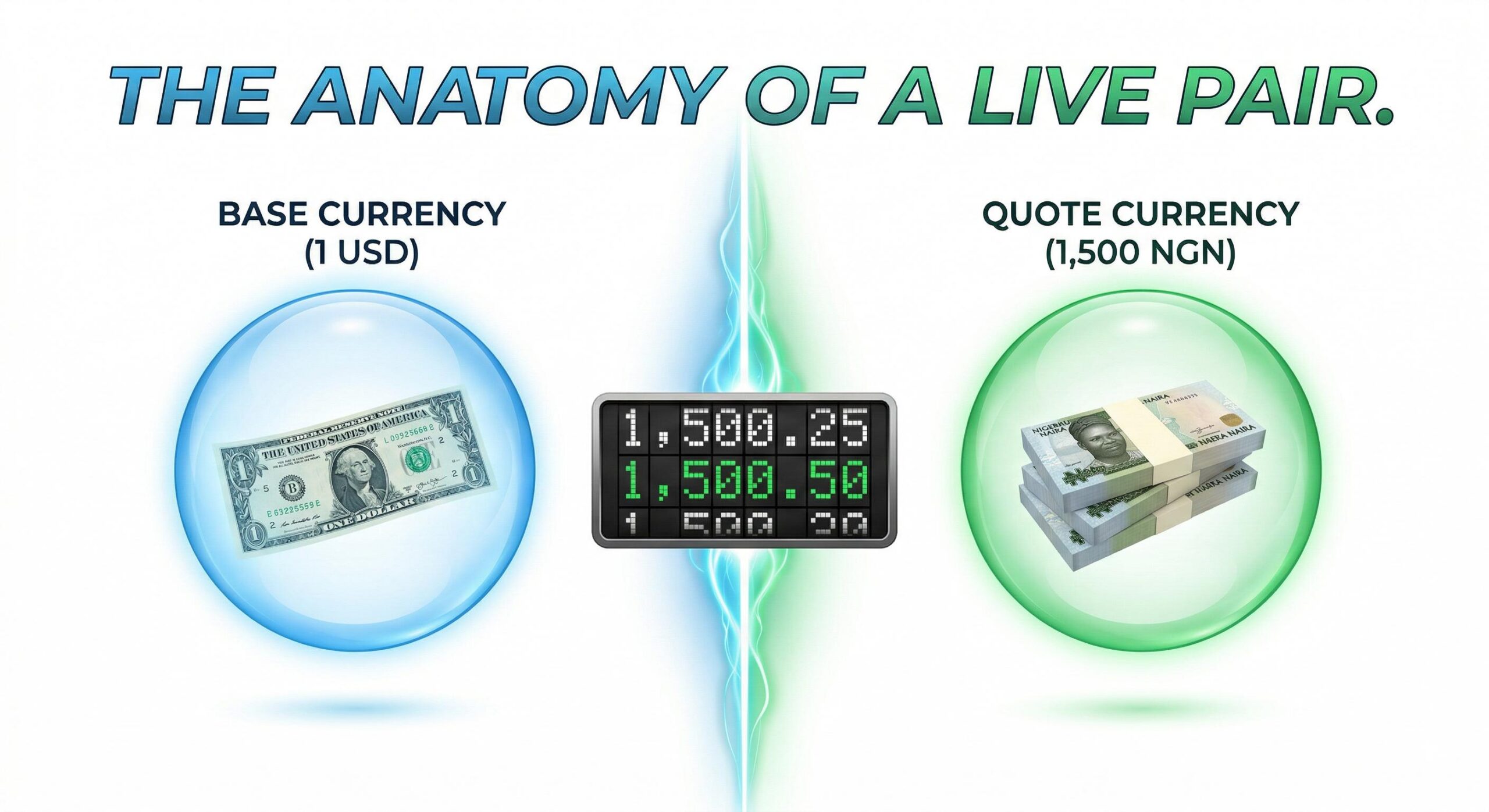 Infographic explaining a live currency pair using a US Dollar, Nigerian Naira, and a digital ticker.