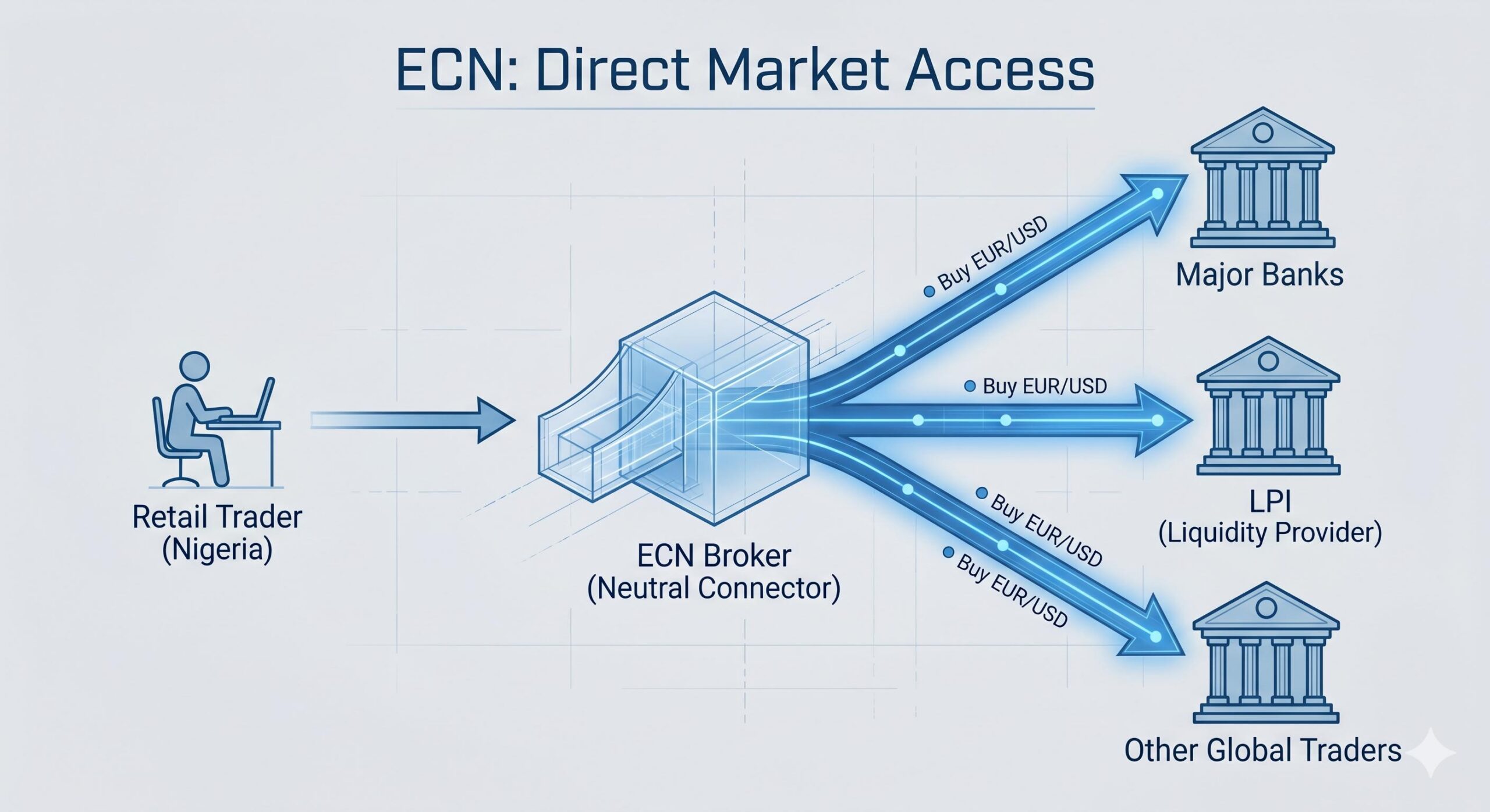 Infographic illustrating direct market access (DMA) via an ECN broker.