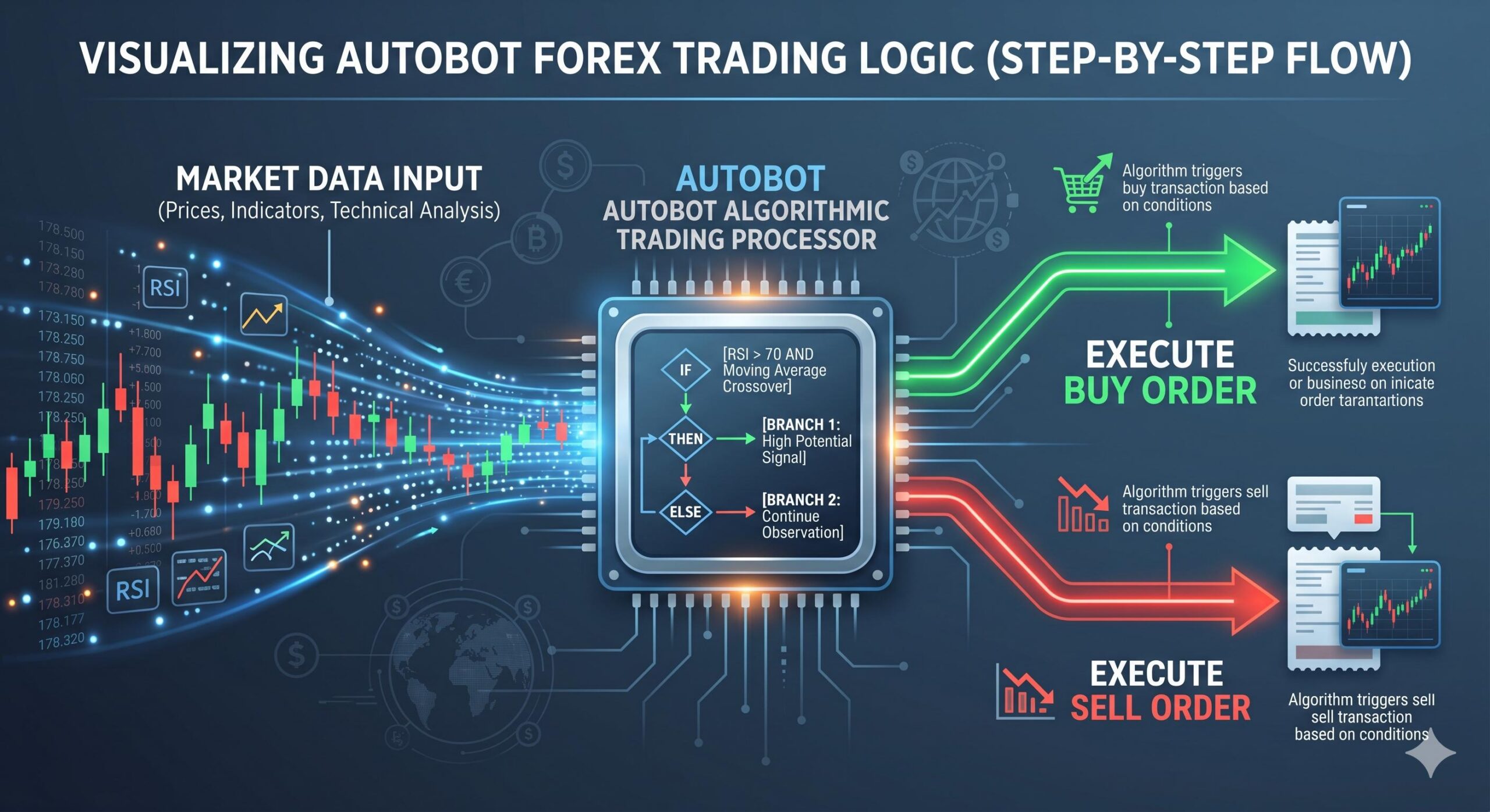 Infographic showing how market data flows into an autobot to trigger logic-based trades.