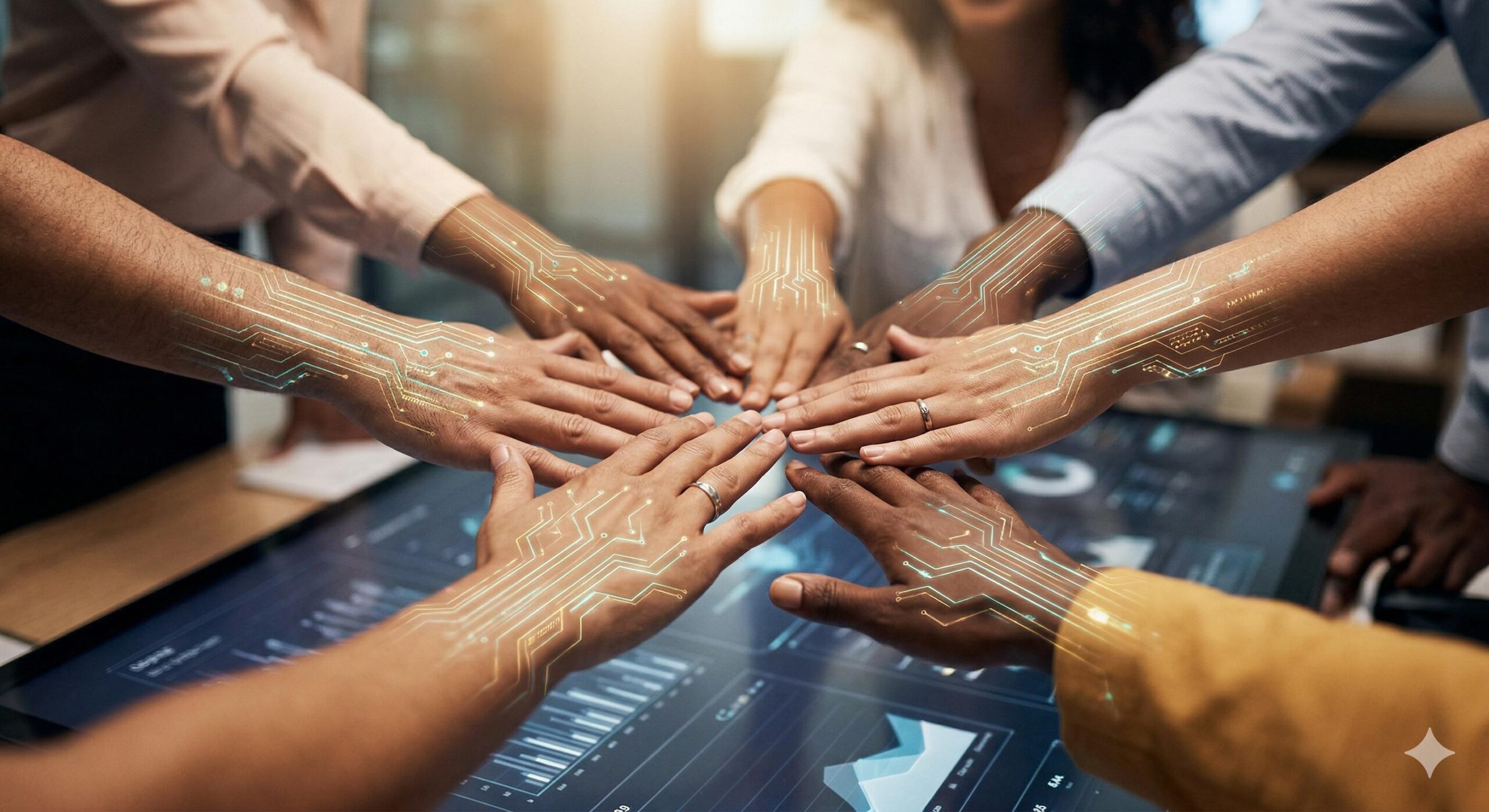 Interconnected hands overlayed with circuitry, symbolizing collaboration. (1)