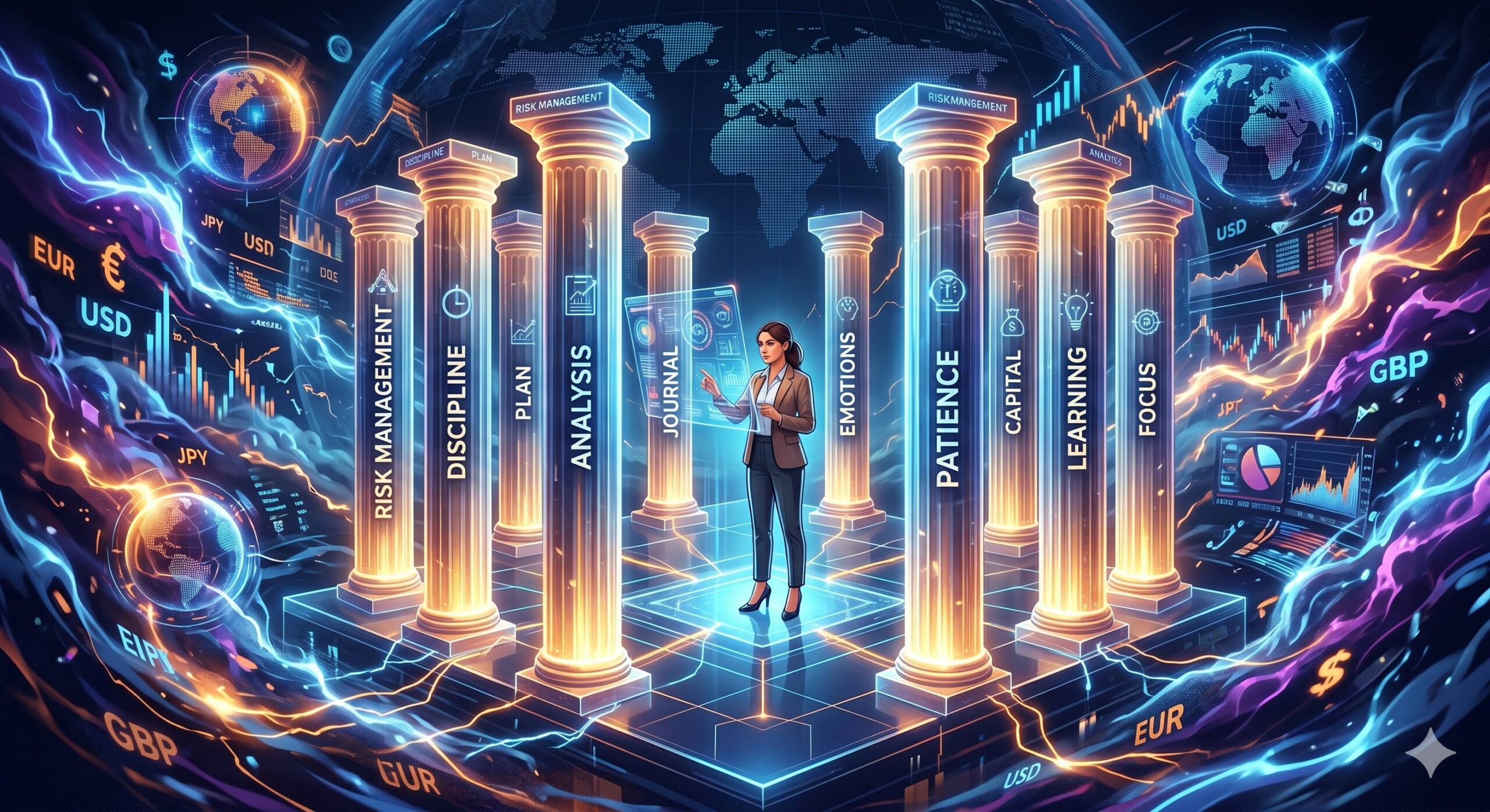 Luminous pillars representing rules stabilizing a global digital forex interface.