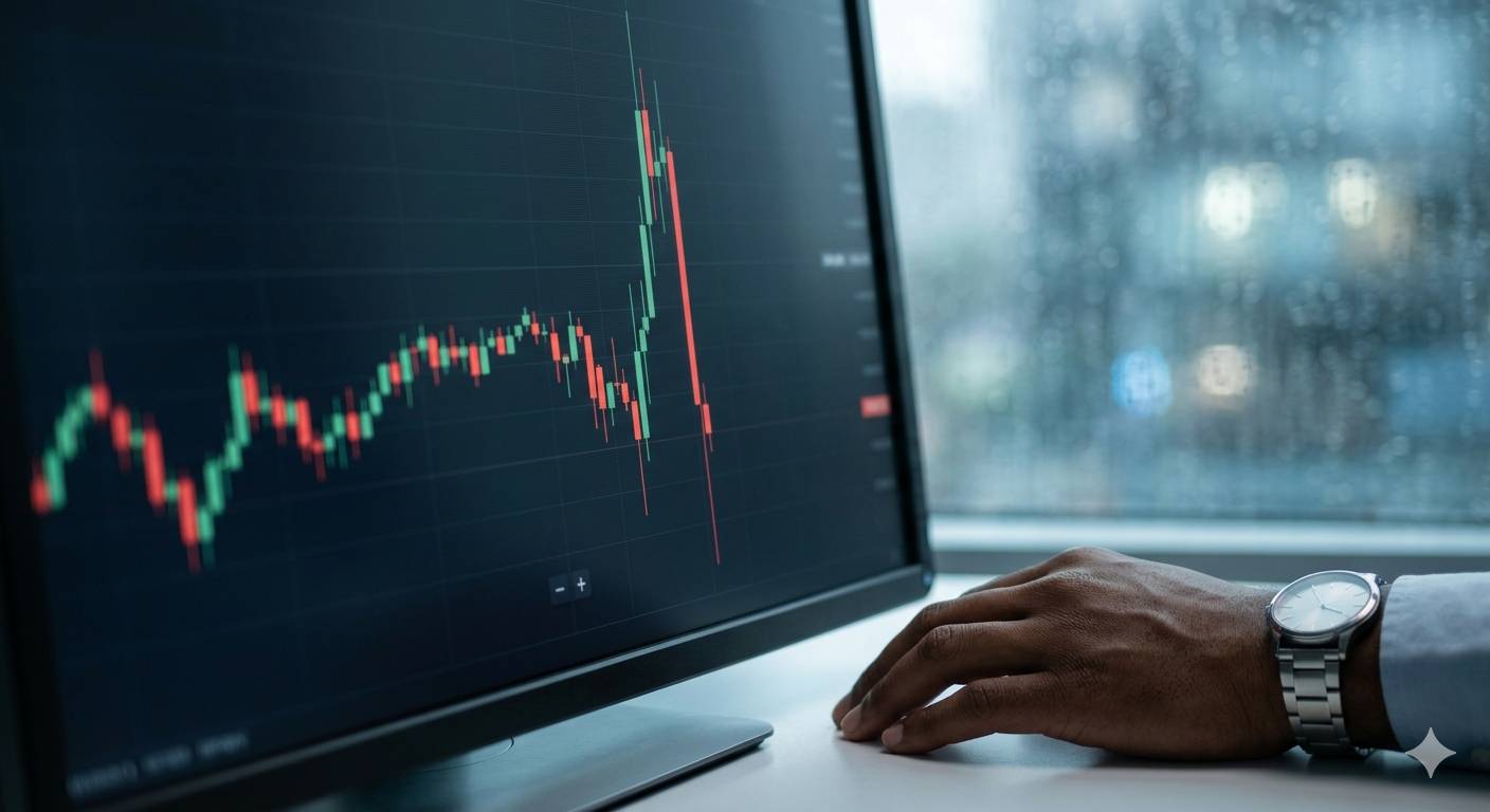 Macro photograph of a dynamic digital candlestick chart showing sharp, sudden movement on the forex exchange today to visualize volatility and risk.