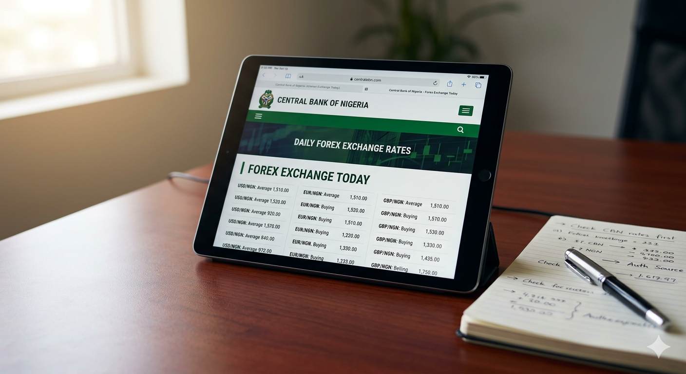 Minimalist professional photograph of a tablet displaying the authorized Central Bank of Nigeria official website page for forex exchange today rates.