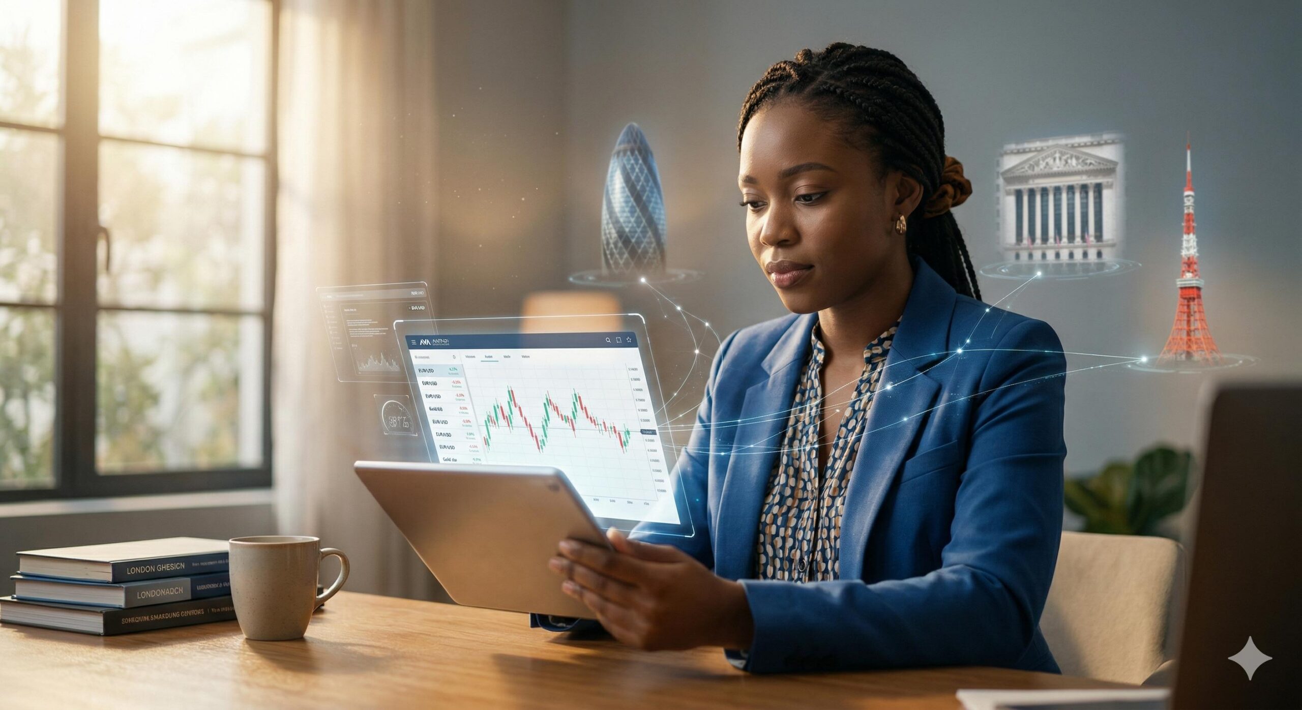 Nigerian beginner trader focusing on a tablet showing forex charts, symbolizing access to global markets through [avatrading]. (1)