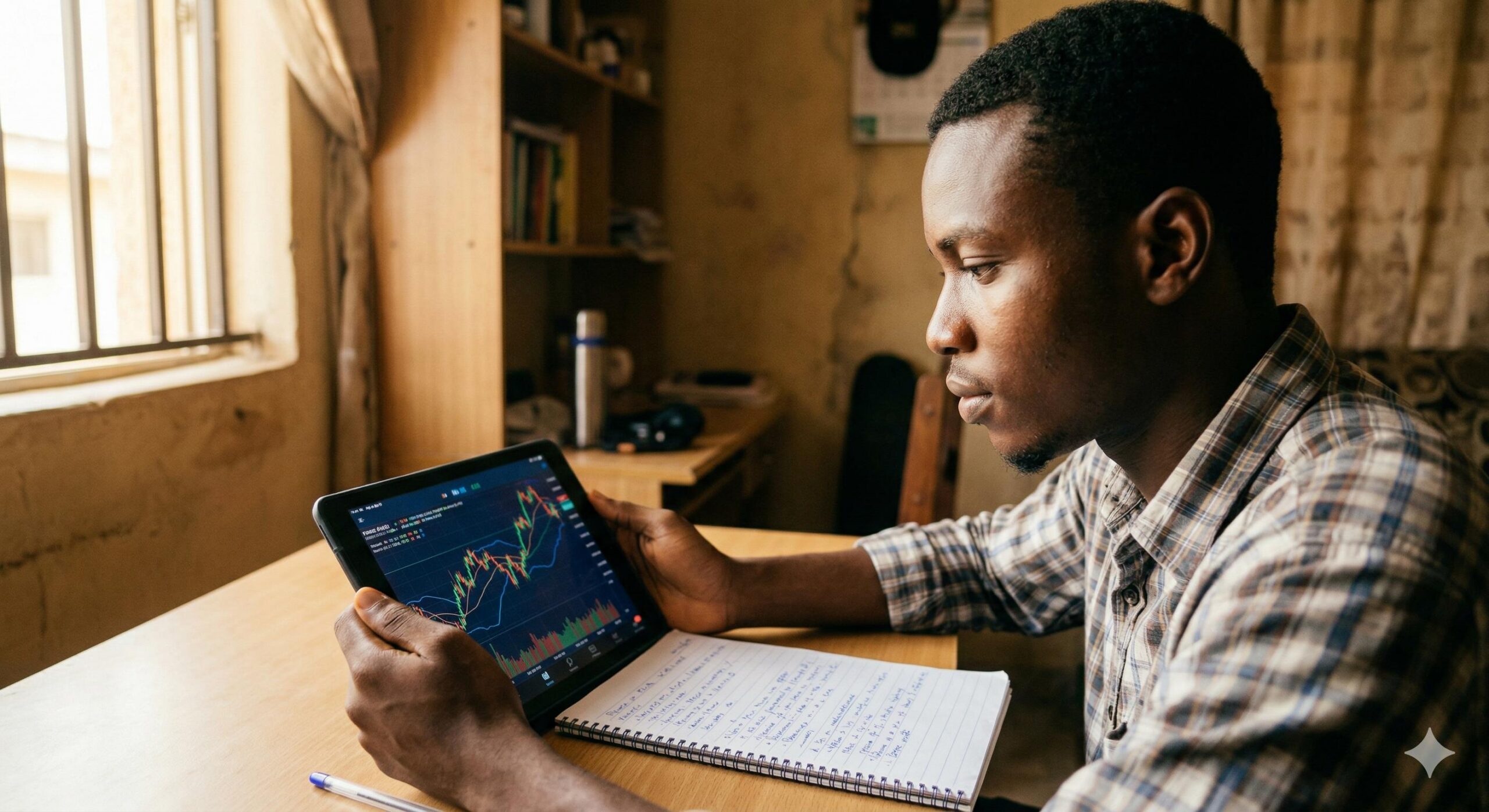 Nigerian beginner trader learning forex charts on a tablet.