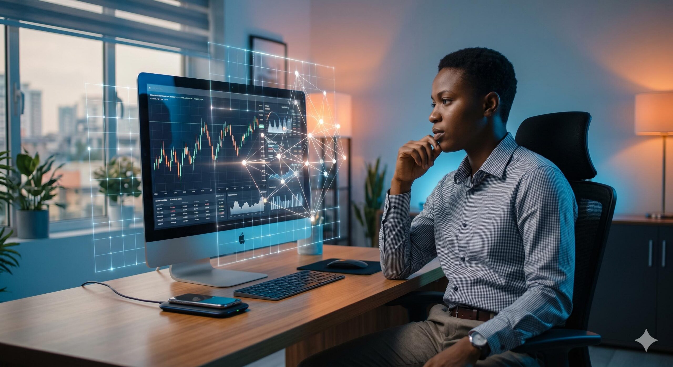 Nigerian professional analyzing an automated forex trading setup on a desktop computer.