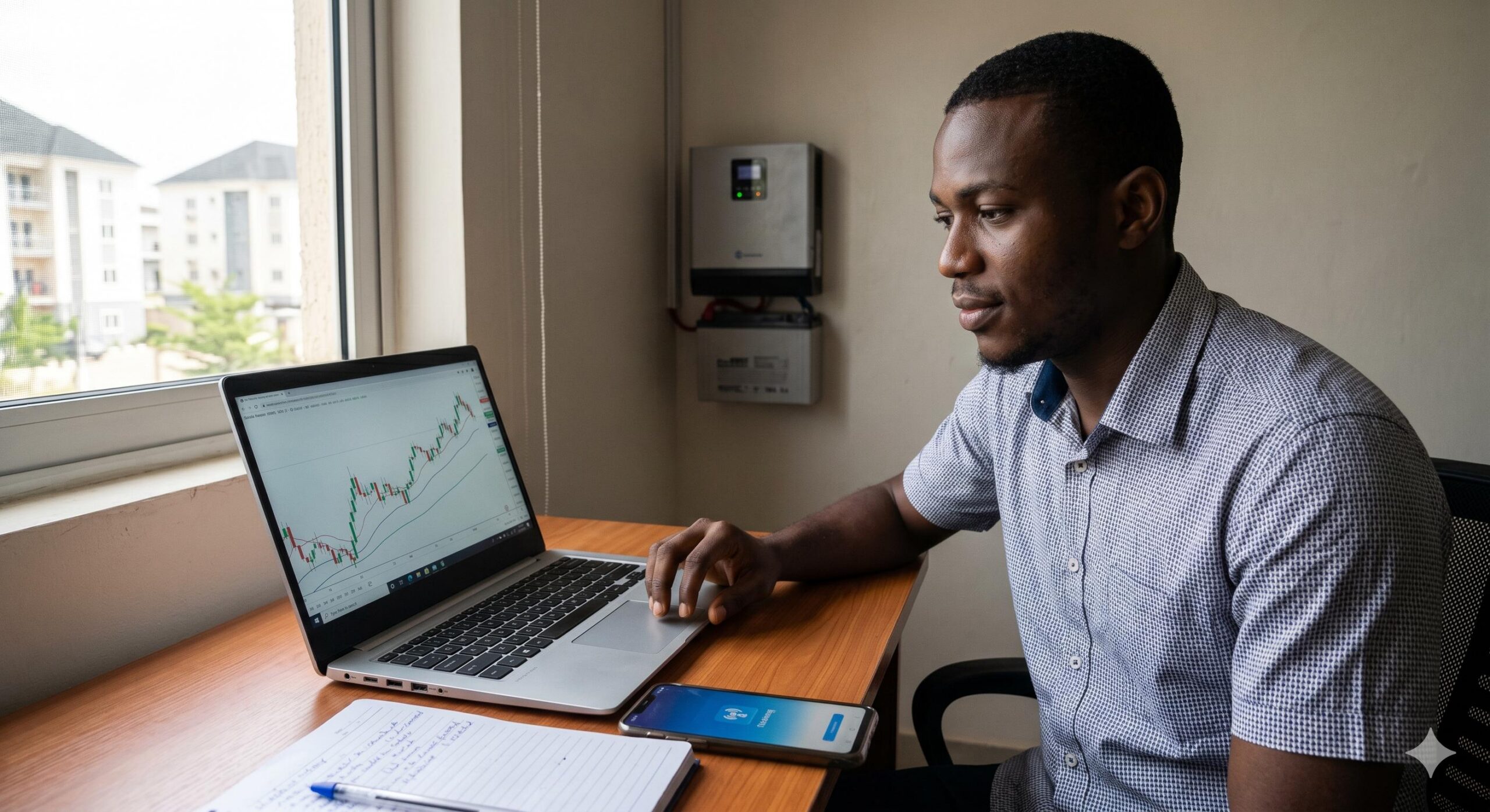 Nigerian trader using mobile data and power backup to trade.