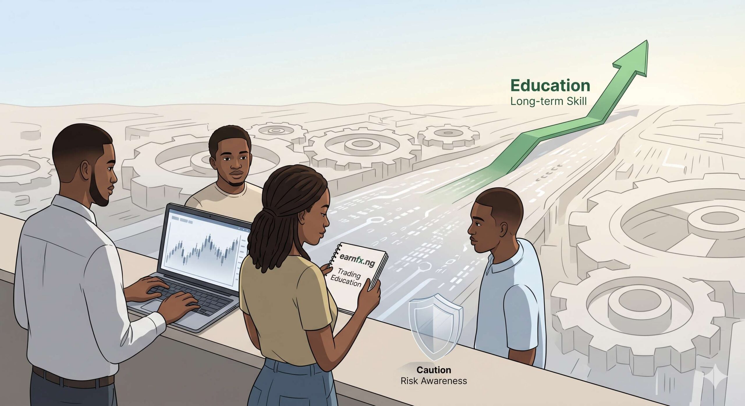 Nigerian traders looking ahead on their educational journey with cautious determination.