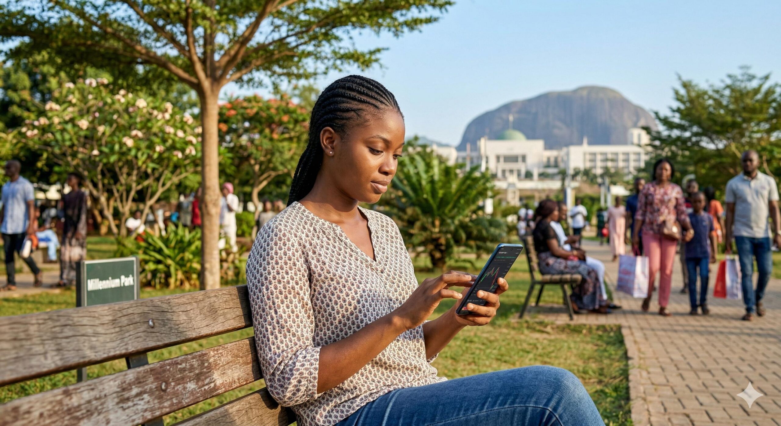 Nigerian woman checking forex charts on her smartphone in an Abuja park.