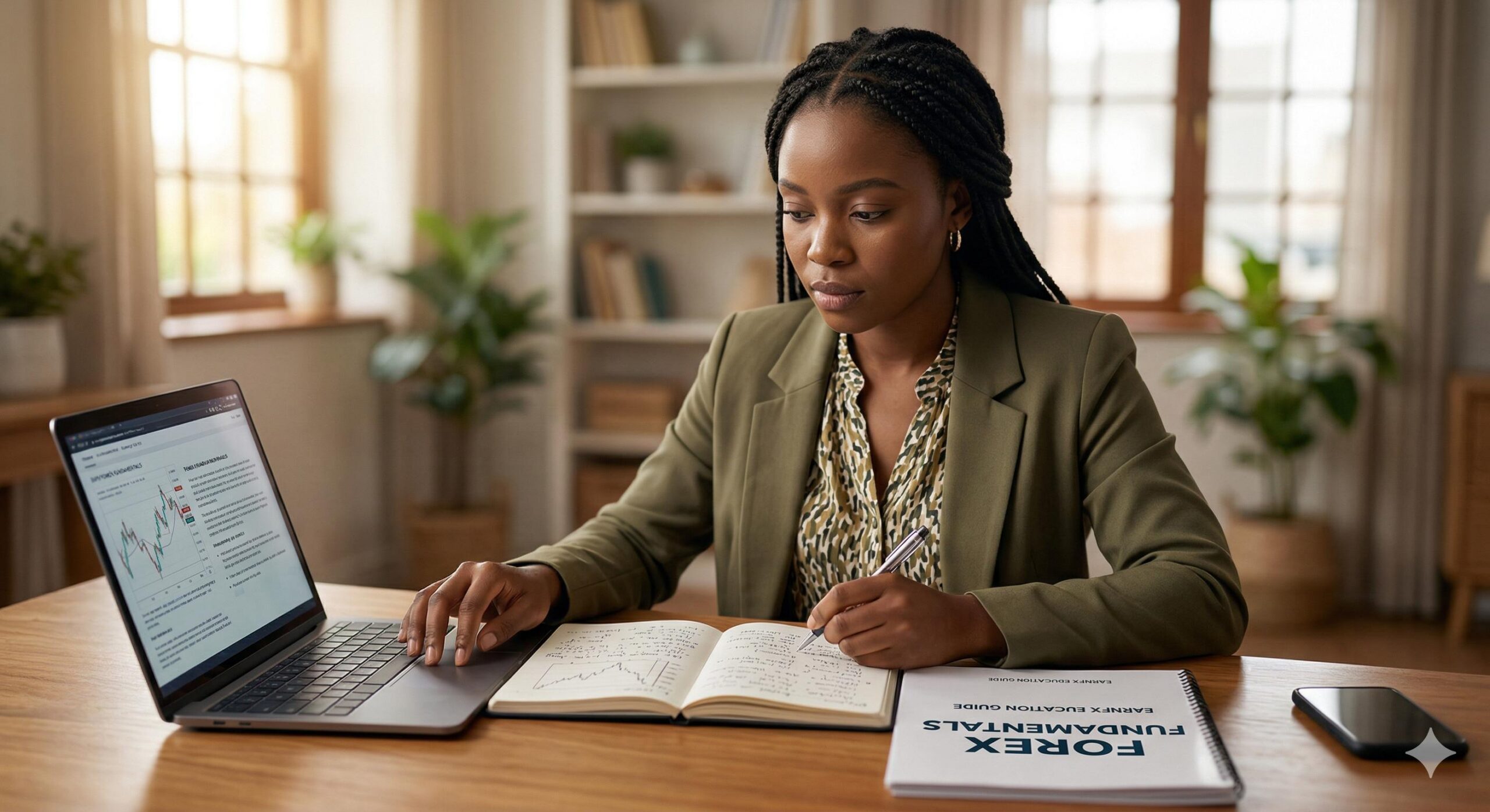 Nigerian woman studying forex educational materials and notes, emphasizing the _education first_ conclusion.