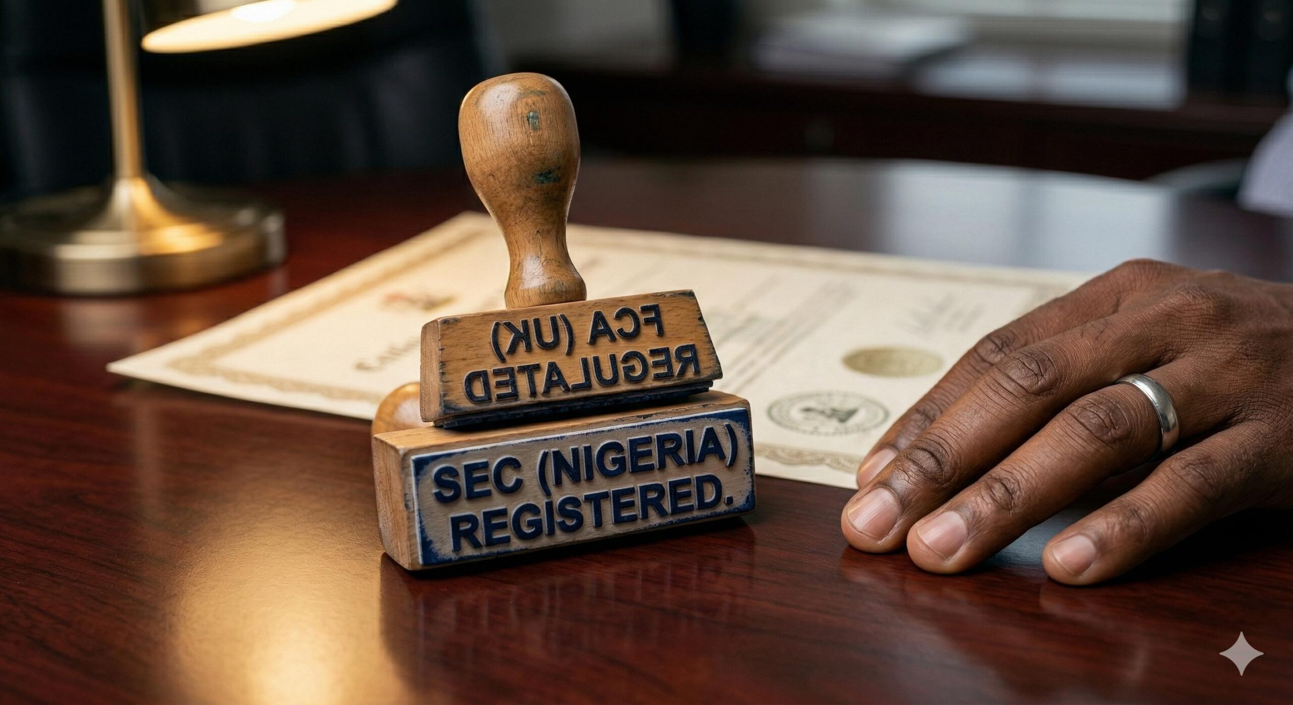 Official regulatory stamps (FCA, SEC Nigeria) on a professional desk.